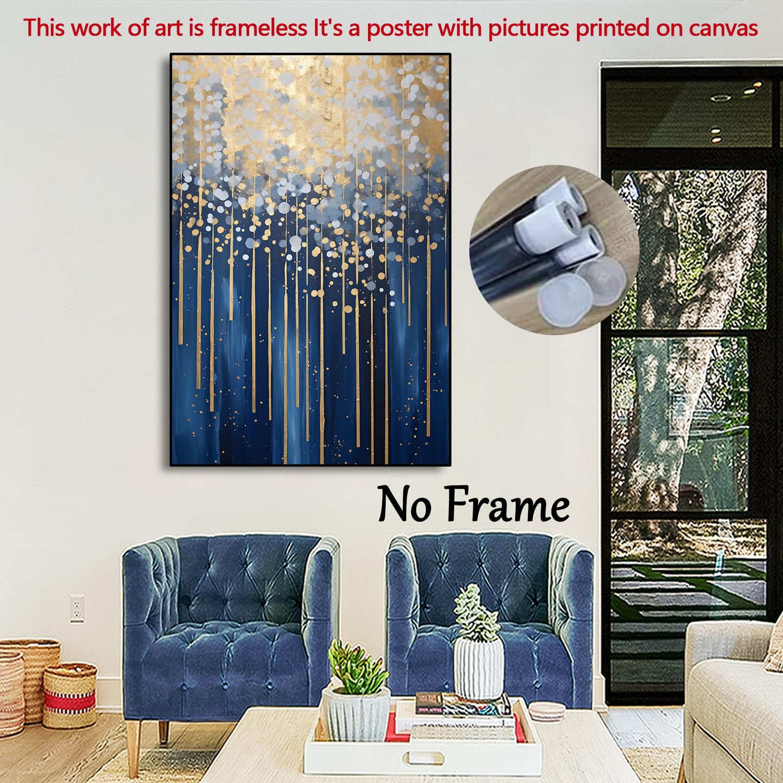 Amazon.co.jp: ブルーゴールド抽象ウォールアート ネイビーキャンバス