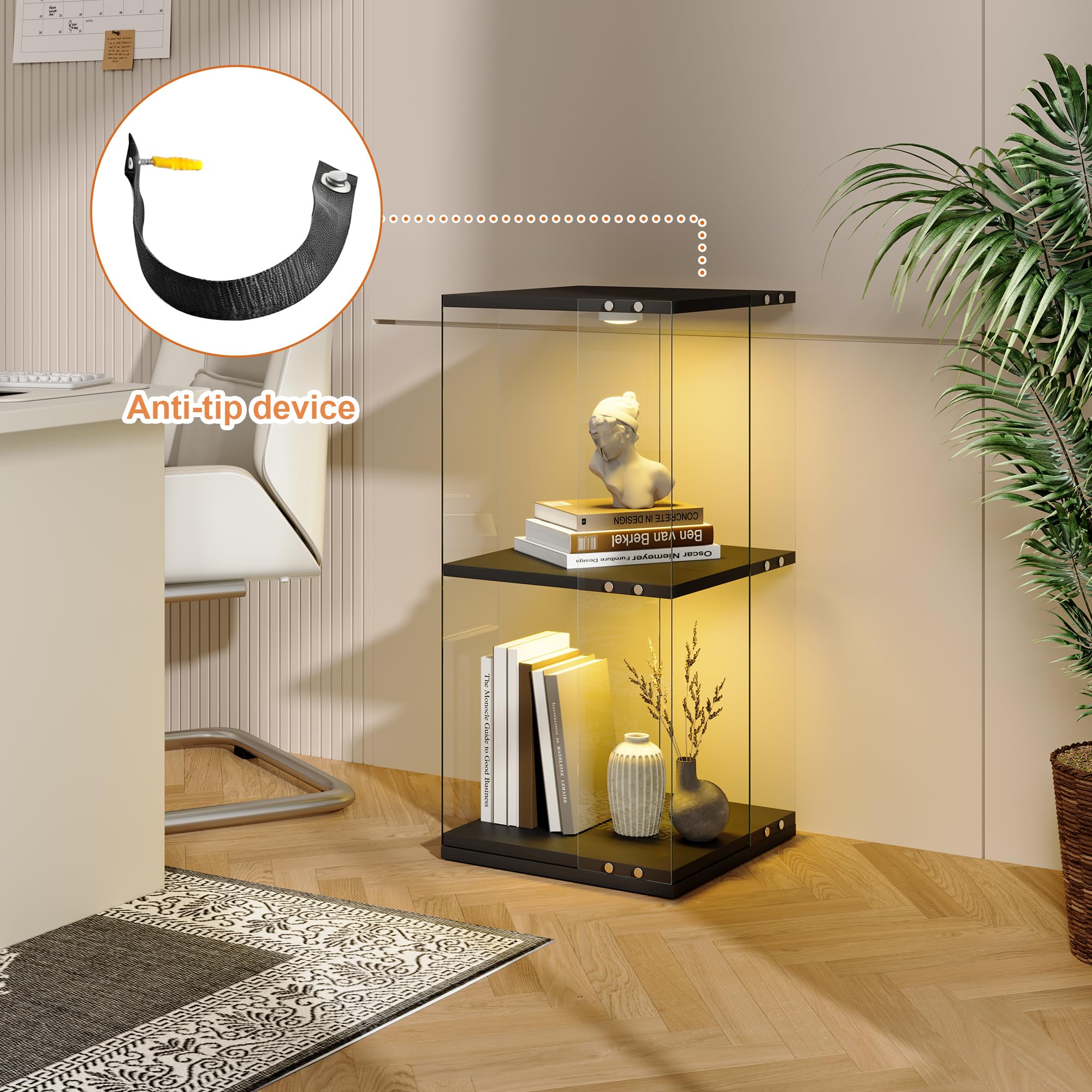 Szklana witryna stojąca z oświetleniem LED, obracana o 360°, szklana szafka na przedmioty kolekcjonerskie, 82 x 38 x 38 cm, 2 poziomy, przezroczysta szklana witryna, stojąca, z drzwiami, do salonu