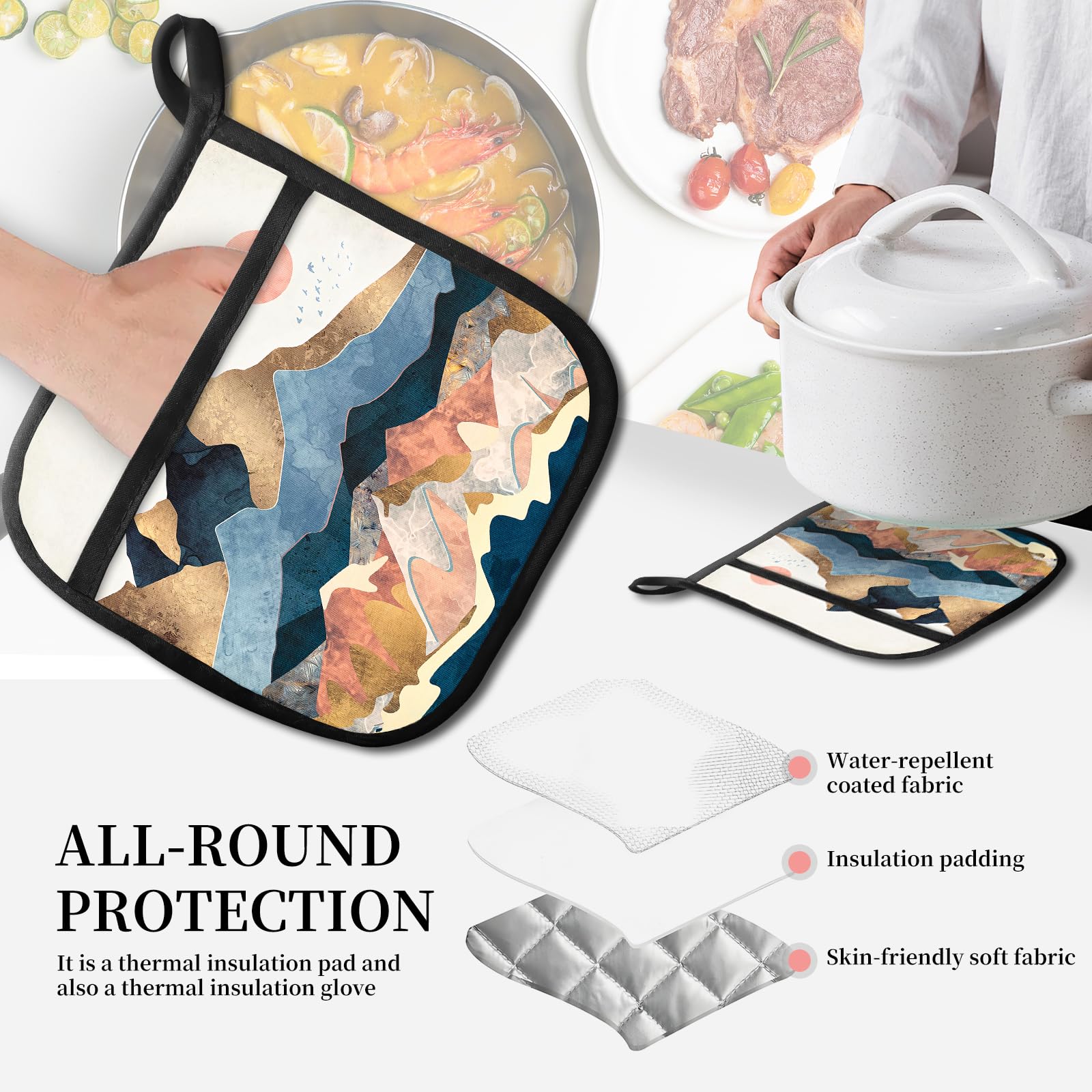 JYCardPKT Pot Holders for Kitchen, Heat Resistance Hot Pads, Cute Potholder with Pocket for Kitchen Cooking Baking 2 Packs, Beautiful Mountain View