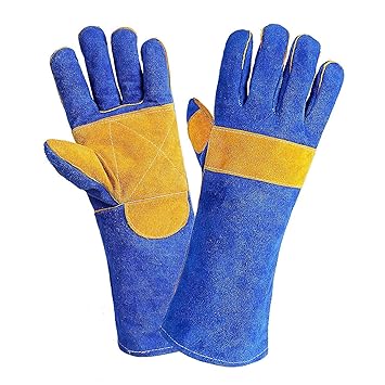 RHINRS Multipurpose Leather Gloves for Animal Handling for Safety from Dogs, Cat, Birds & for Industrial Use - Welding Gloves, Barbeque Gloves Oven, Grill, Furnace, Stove, BBQ Gloves (Blue 16 Inches)