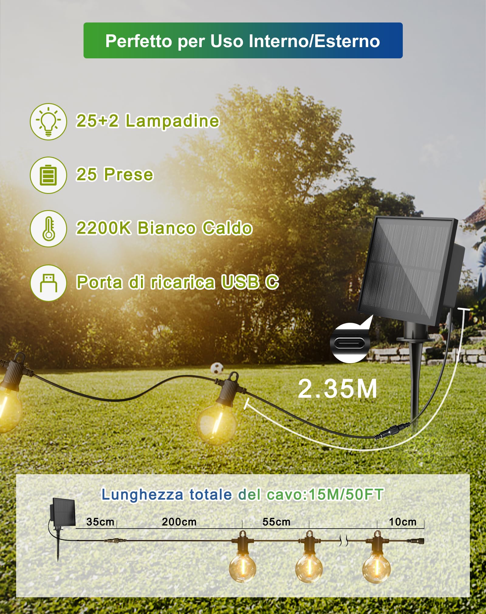 Zuske Catena Luminosa Esterno Solare, 15M Catena Luci Stringa Giardino con 25+2 Lampadine LED, 5 Modalità, Impermeabile IP65, Filo Luci per Casa, Feste, Balcone, Natale, Matrimonio - Bianco Caldo