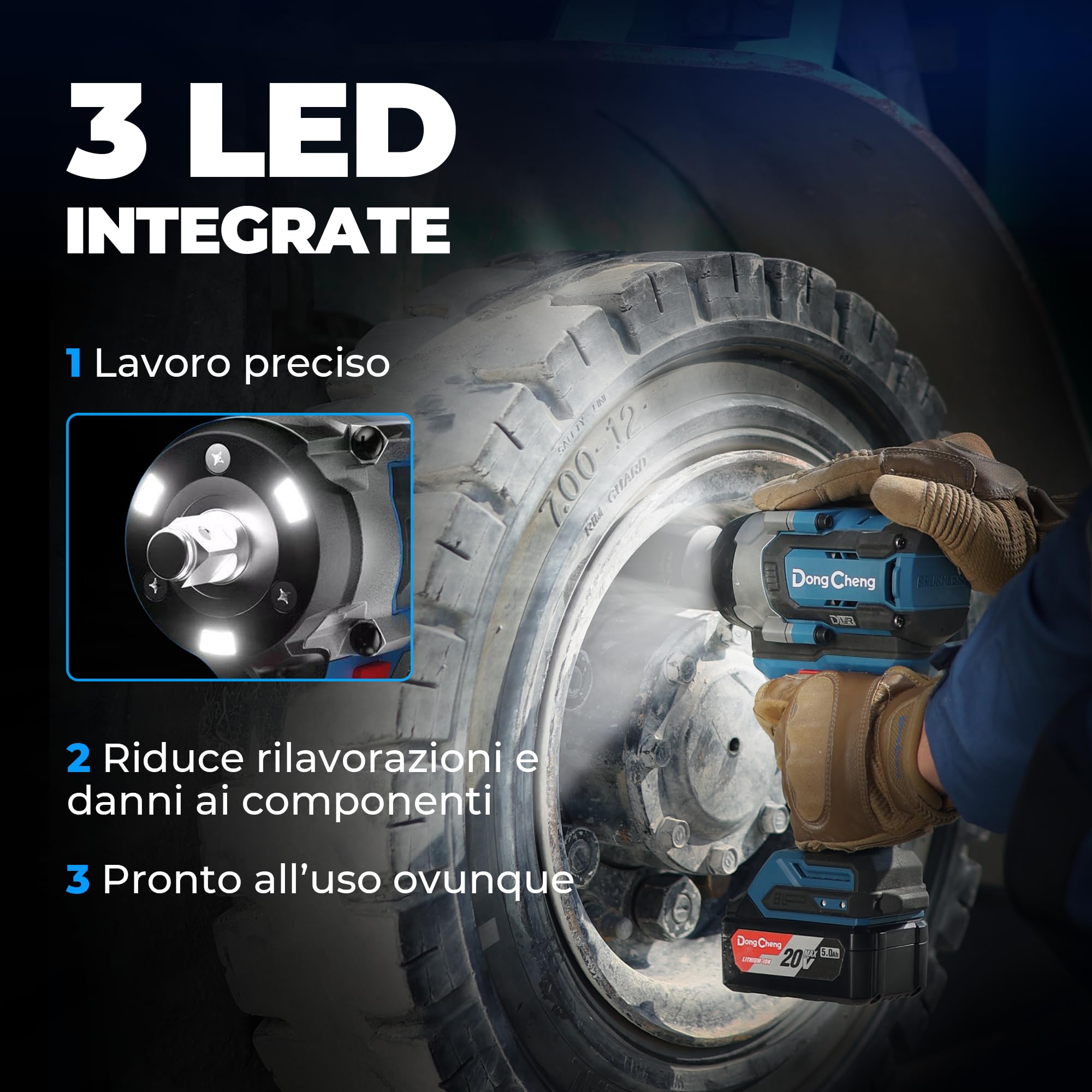 Dong Cheng Chiave a impulsi senza fili Brushless 1/2", 1700 Nm, 3 vel. 0-1900 giri/min, 2x5,0Ah + carica rapida + 3 bussole, per bulloni arrugginiti M10-M24