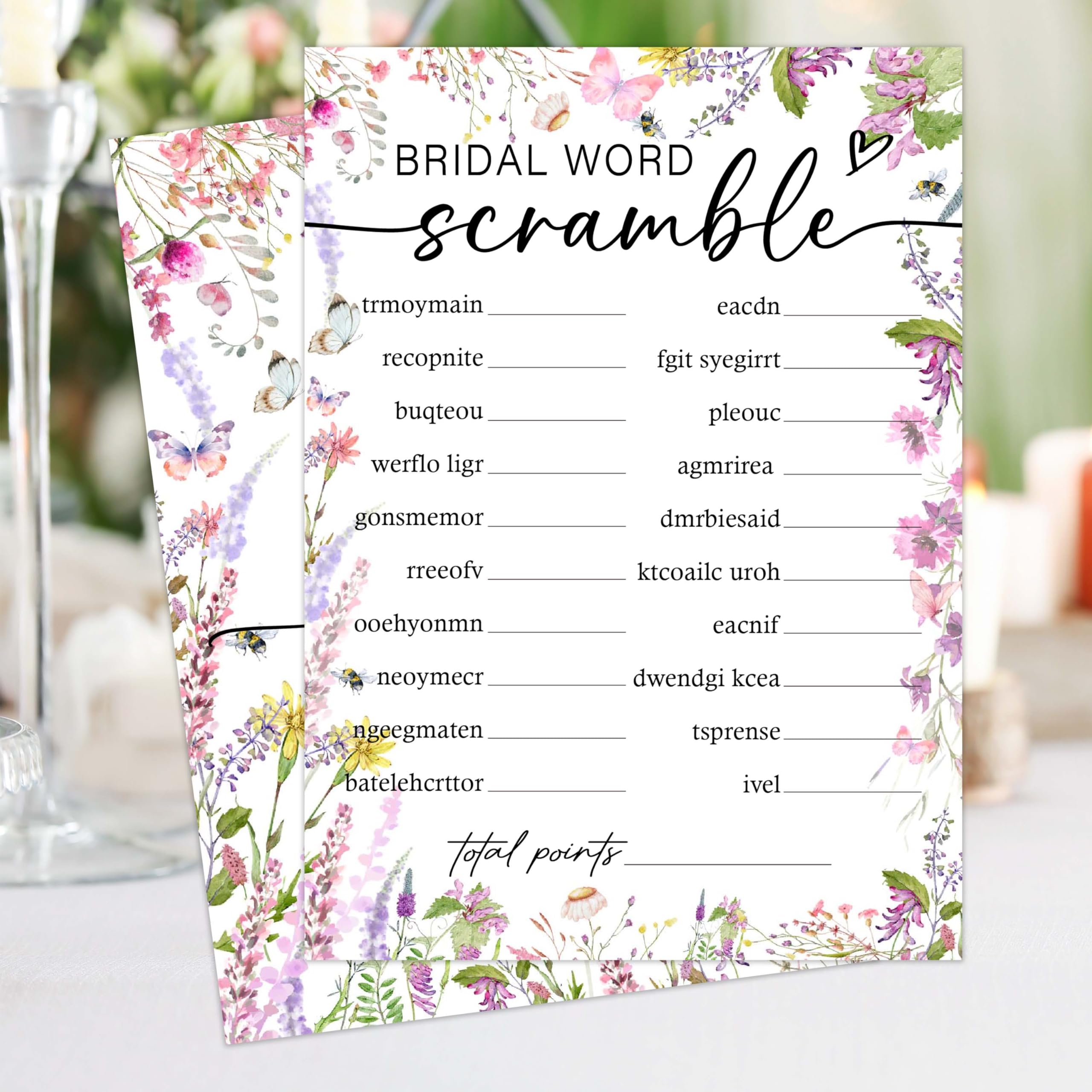 OXRUN Wedding Shower Games, 25 Wildflowers Bridal Word Scramble Cards + 1 Answer Card for Bachelorette Engagement Party Reception Supplies - B08