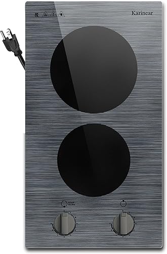 Karinear Placa eléctrica de 2 quemadores, control de perilla superior de estufa eléctrica de 110 V, encimera integrada de cerámica con hermosa