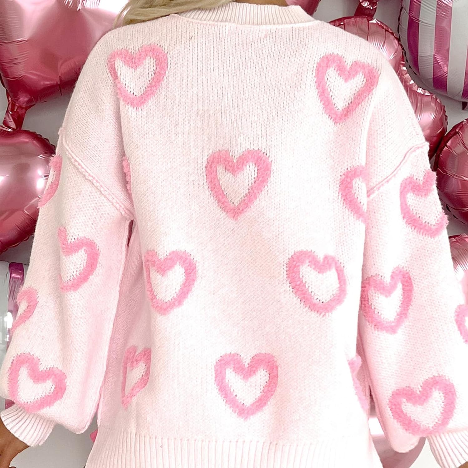 Women Cute Heart Print Sweaters Long Sleeve Valentines Romantic Love Pullover Casual Crew Neck Knitted Jumper Tops - Image 2