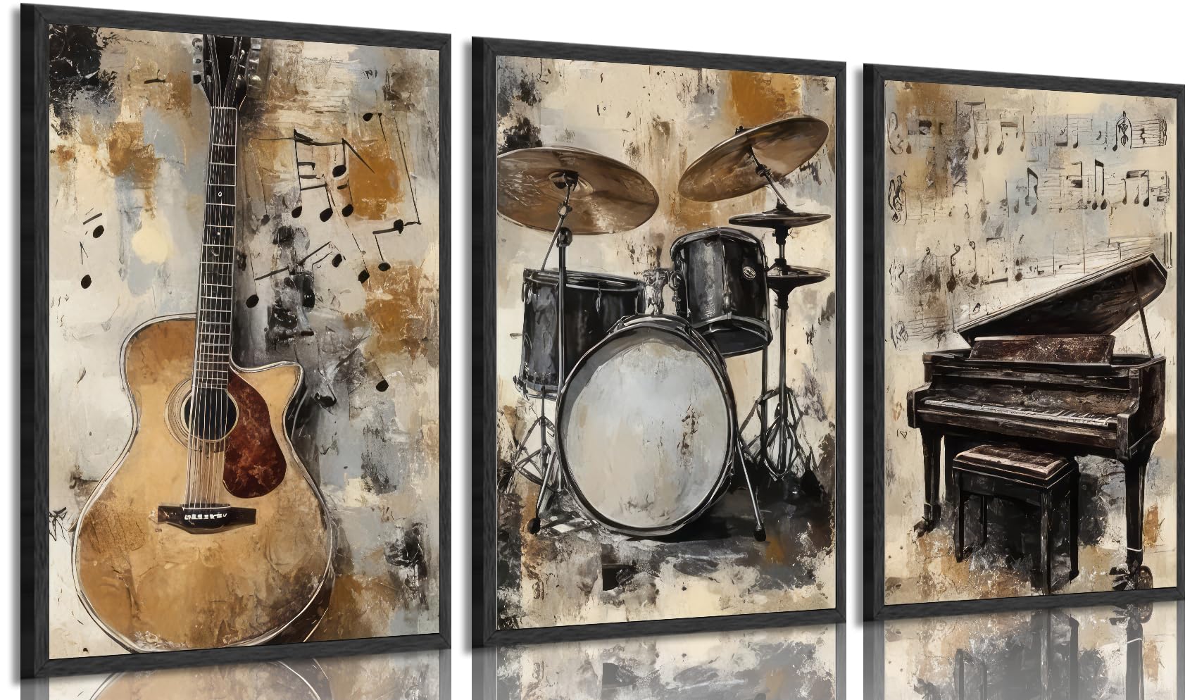 Juego de 3 piezas de instrumentos musicales vintage sin marco, arte de pared, piano, guitarra, batería, pósteres, obras de arte, pintura temática musical, imágenes, decoración de pared para estudio