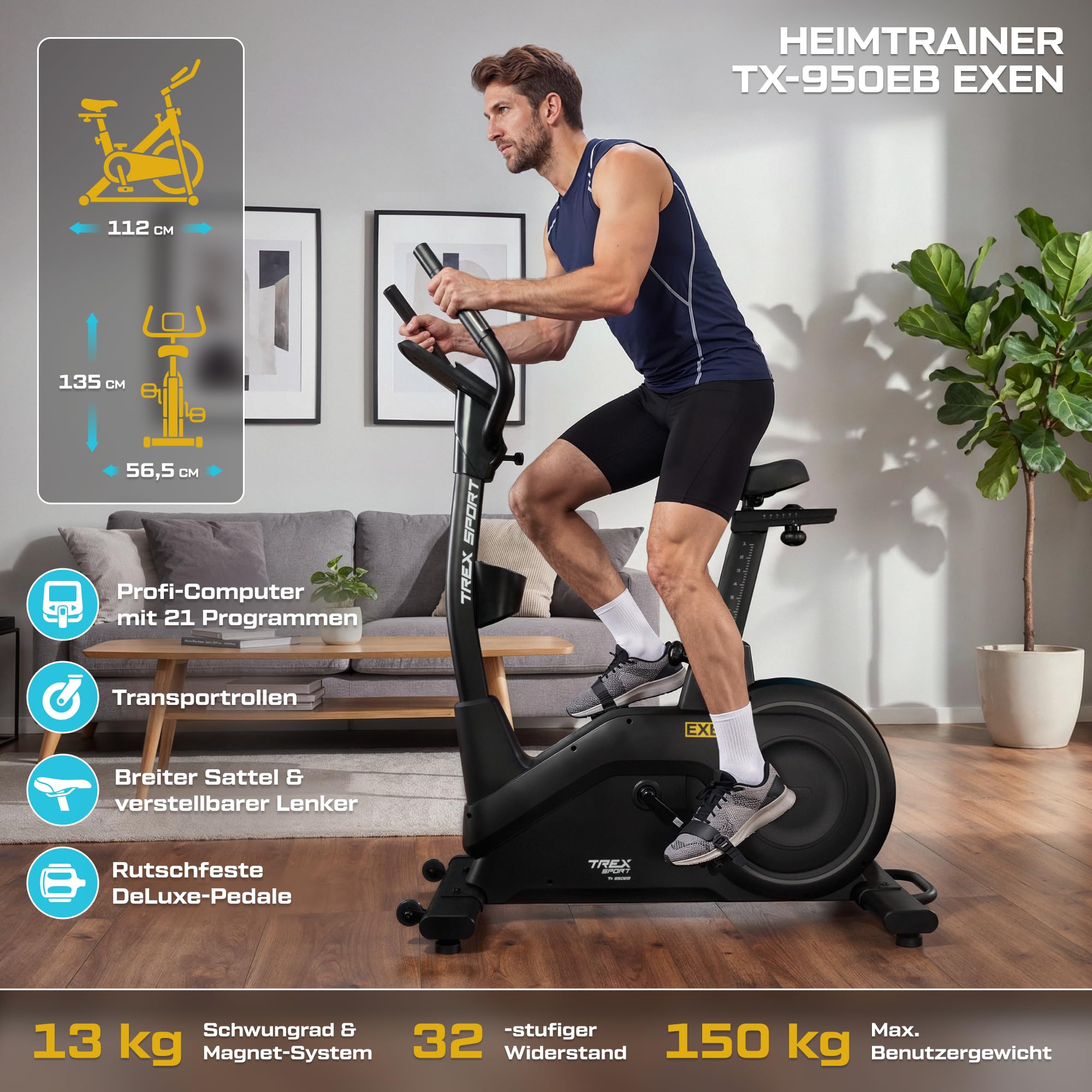 TREX SPORT Hometrainer Fahrrad EXEN bis 150kg 21 App Trainingsprogramme
