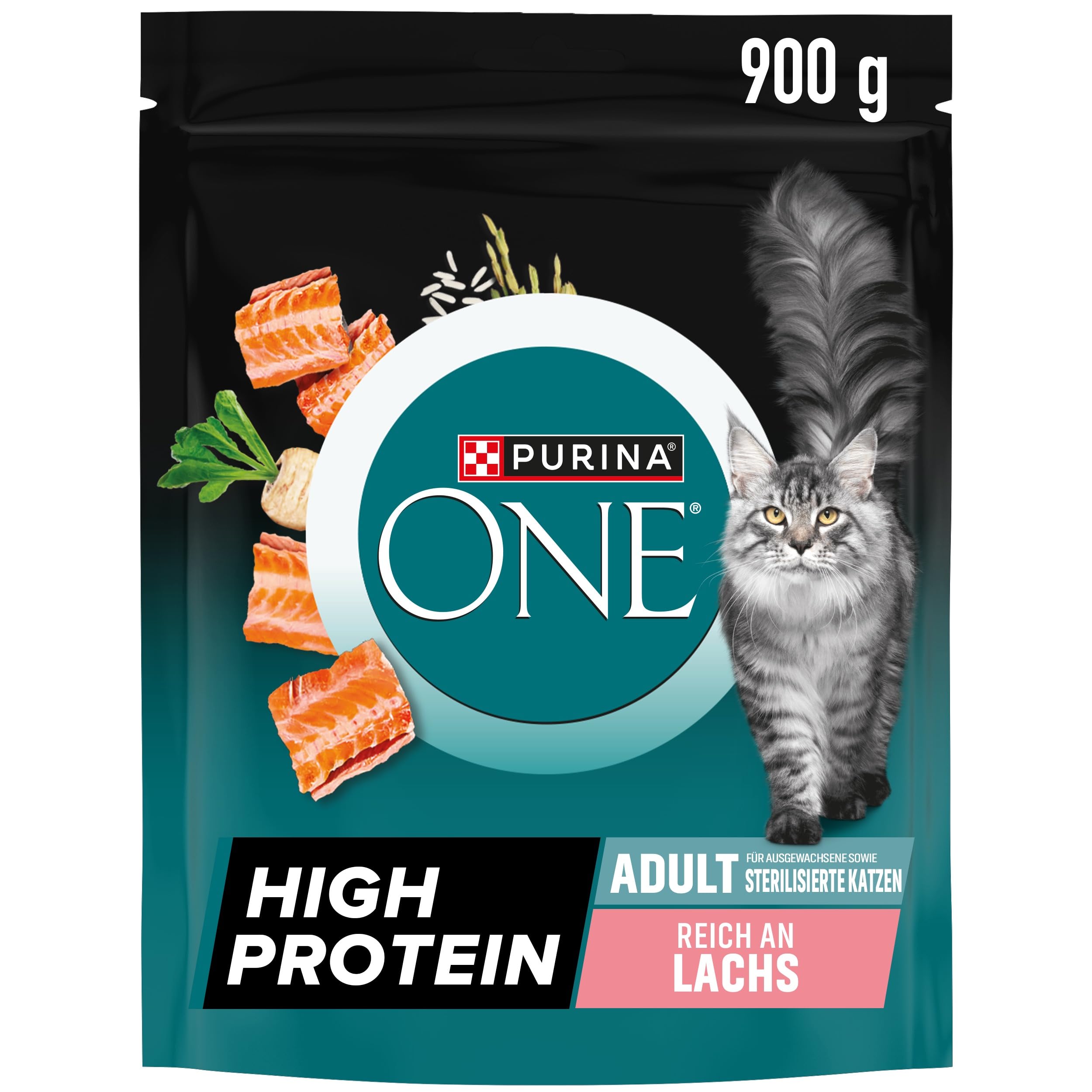 PURINA ONE High Protein, Katzenfutter trocken, reich an Lachs, 6 x 900g | Katzenfutter trocken