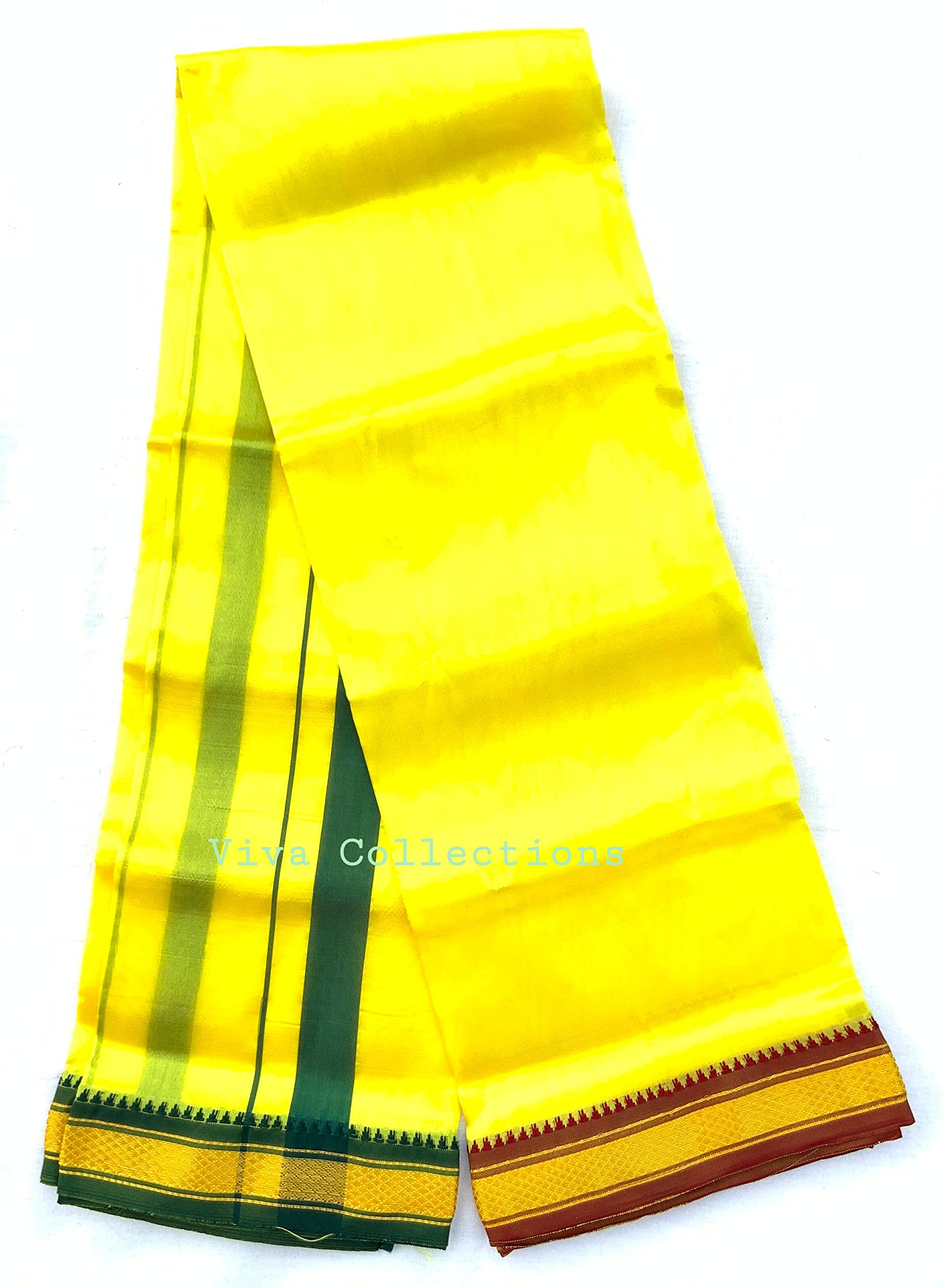Men's silk Angavastram/Kanduva/Towel with Maroon & Green Zari Border Yellow Colour pack of 1 piece for Traditional Events-image-2