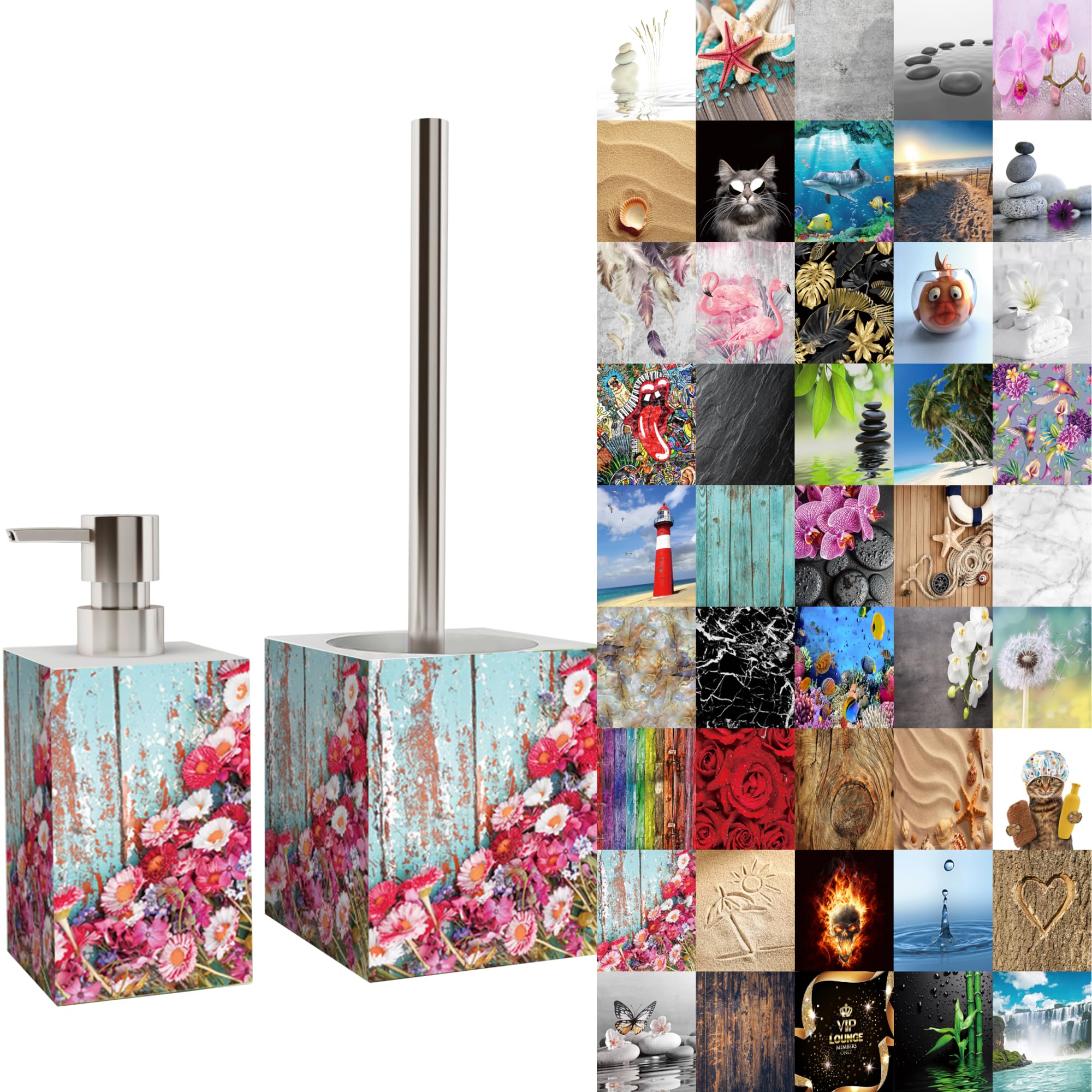 Premium Bathroom Set | Great Range | Soap Dispenser and Toilet Brush | Beautiful designs surface (Spring)