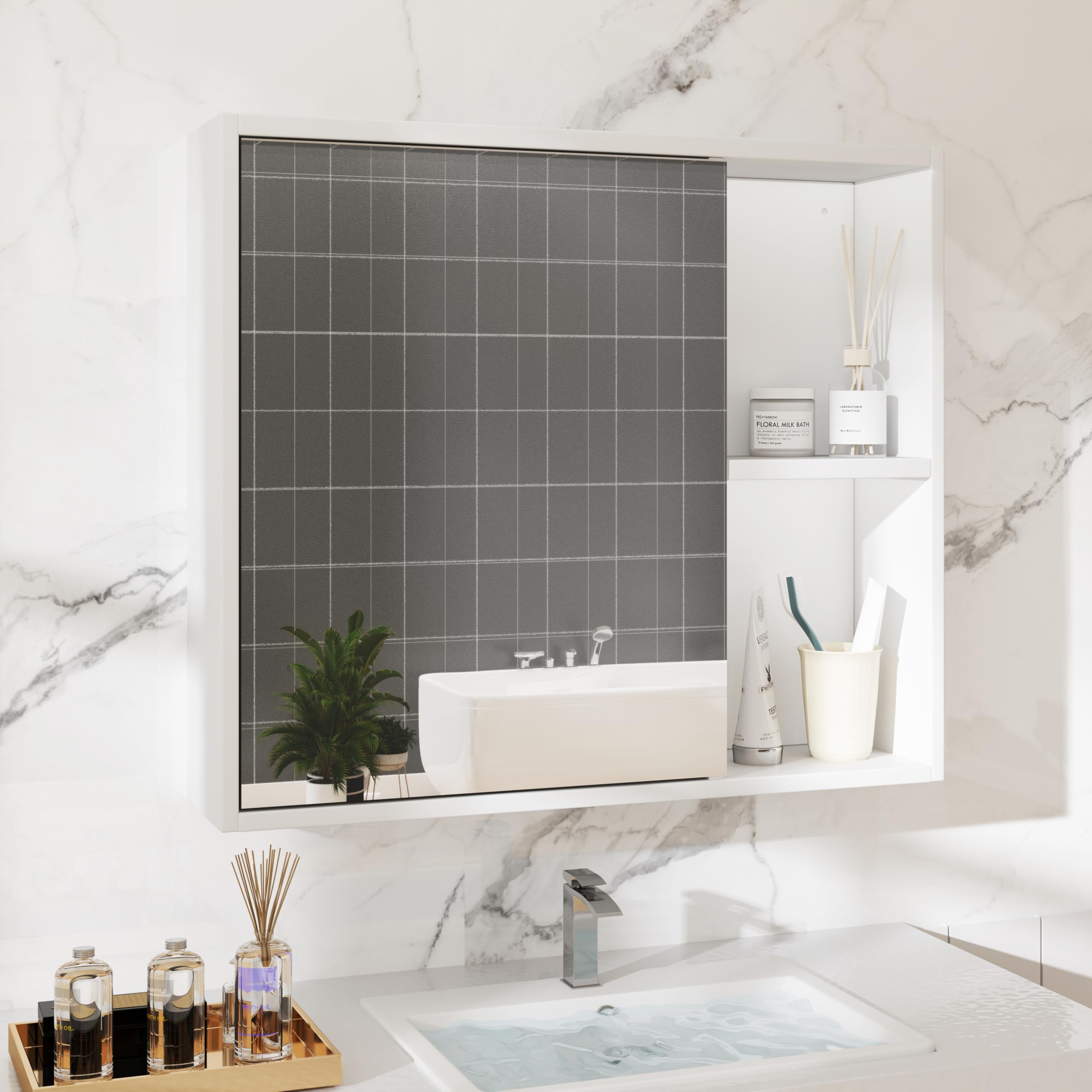 Giantex Medicine Cabinet, Bathroom Wall Cabinet with Mirror Door, 2 Adjustable Shelves, 2 Open Shelves, Vanity Mirrored Cabinet, Over The Toilet Storage Cabinet for Laundry Room Entryway, White