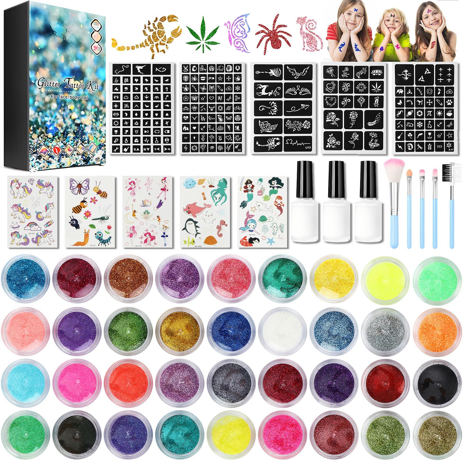 Kit Tatuaggi Glitter Super Completo - 42 Colori, 223 Stencil, 5 Pennelli E 3 Colla - Tatuaggi Temporanei Impermeabili Per Bambini E Feste - Foto 7
