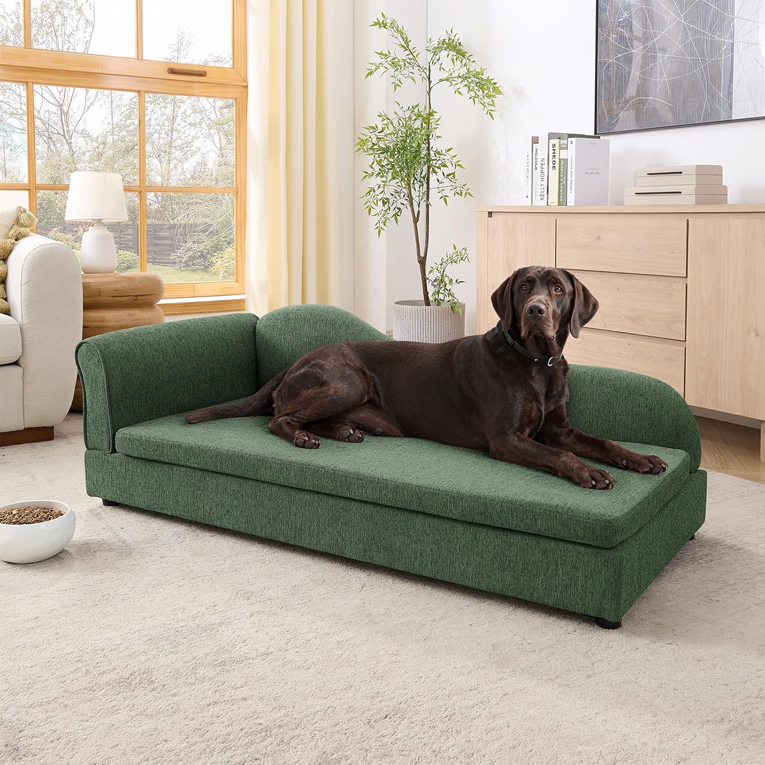 Oversized Pet Sofa for Medium & Large Dogs, 55" Modern Dog Couch with Irregular Wave Backrest & Single Armrest, Breathable Linen Fabric, Soft Foam Cushion, Low Plastic Feet