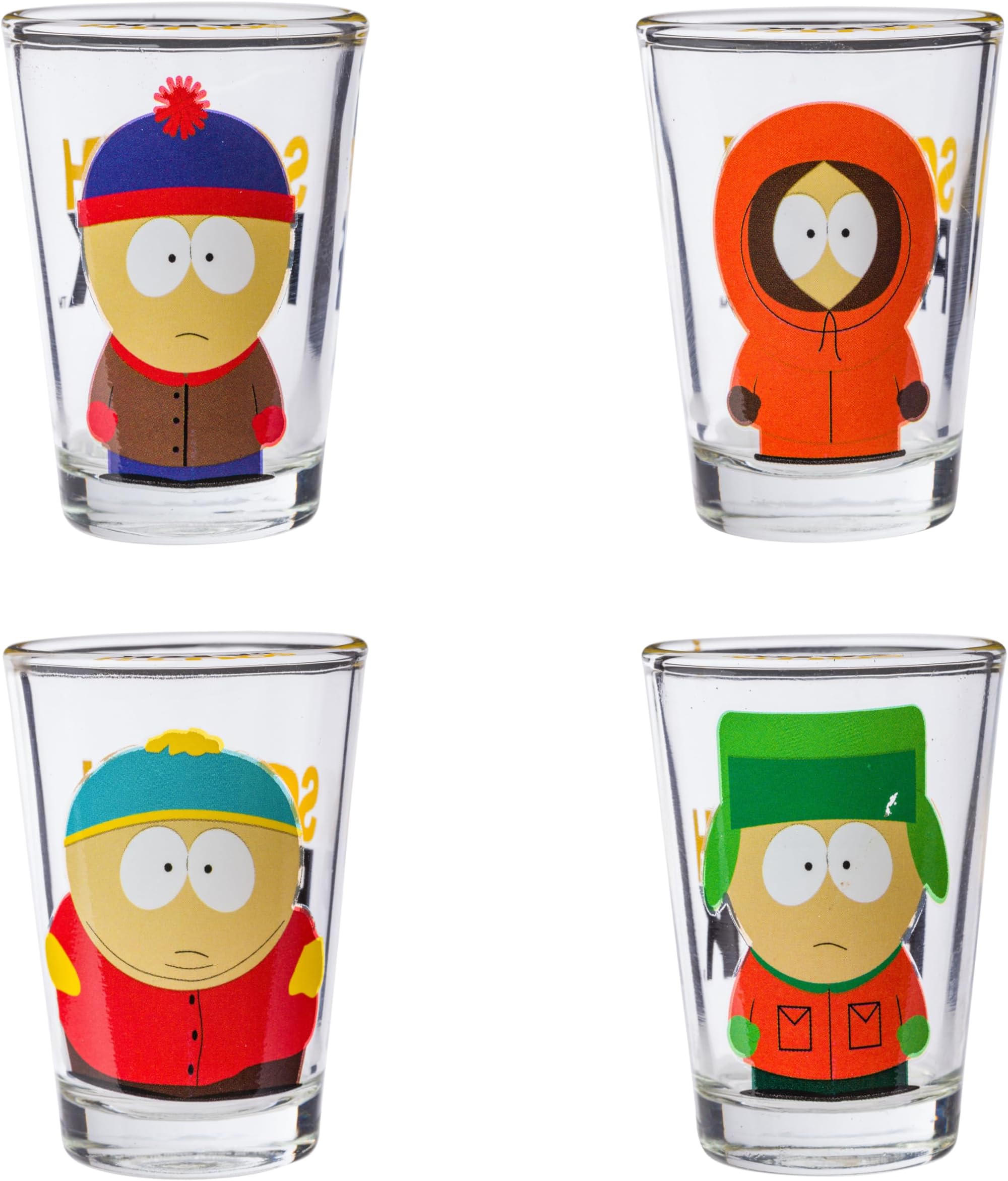 Silver Buffalo South Park Main Characters Poses 4pc Mini Glass Set 4x1, 1.5 ounces