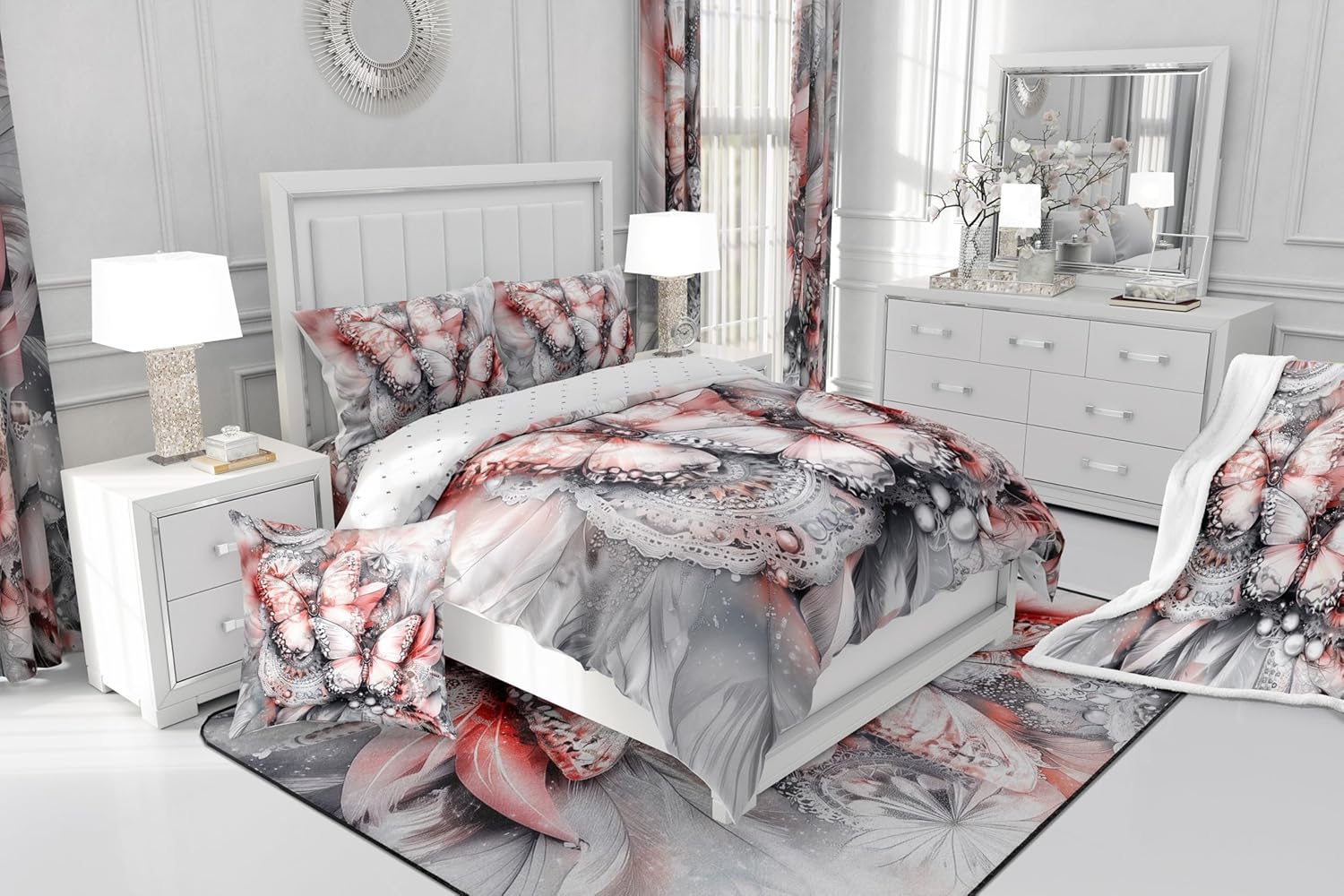 Erosebridal Dream Catcher Down Comforter Boho Butterfly Dreamcatcher King Size Comforter Set for Kids Boys Girls Teen,Wild Animal Butterflies Bedding Set Exotic Tribal Feather Bed Set