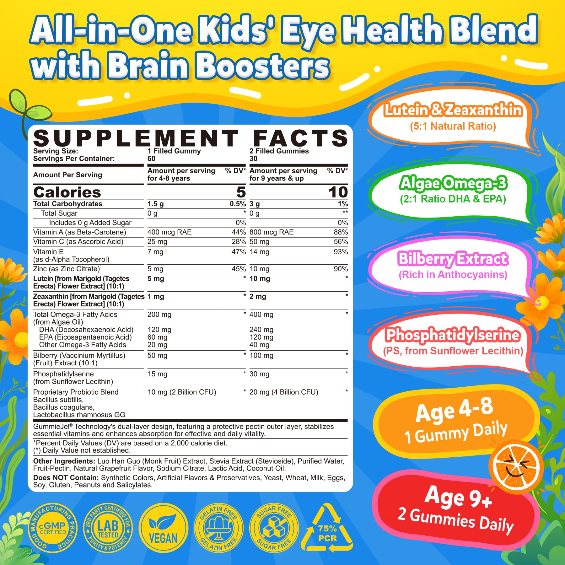 Eye Vitamins for Kids, Lutein Gummies + Omega 3 (DHA+EPA) & Bilberry, 60Cts — Amazon image 2