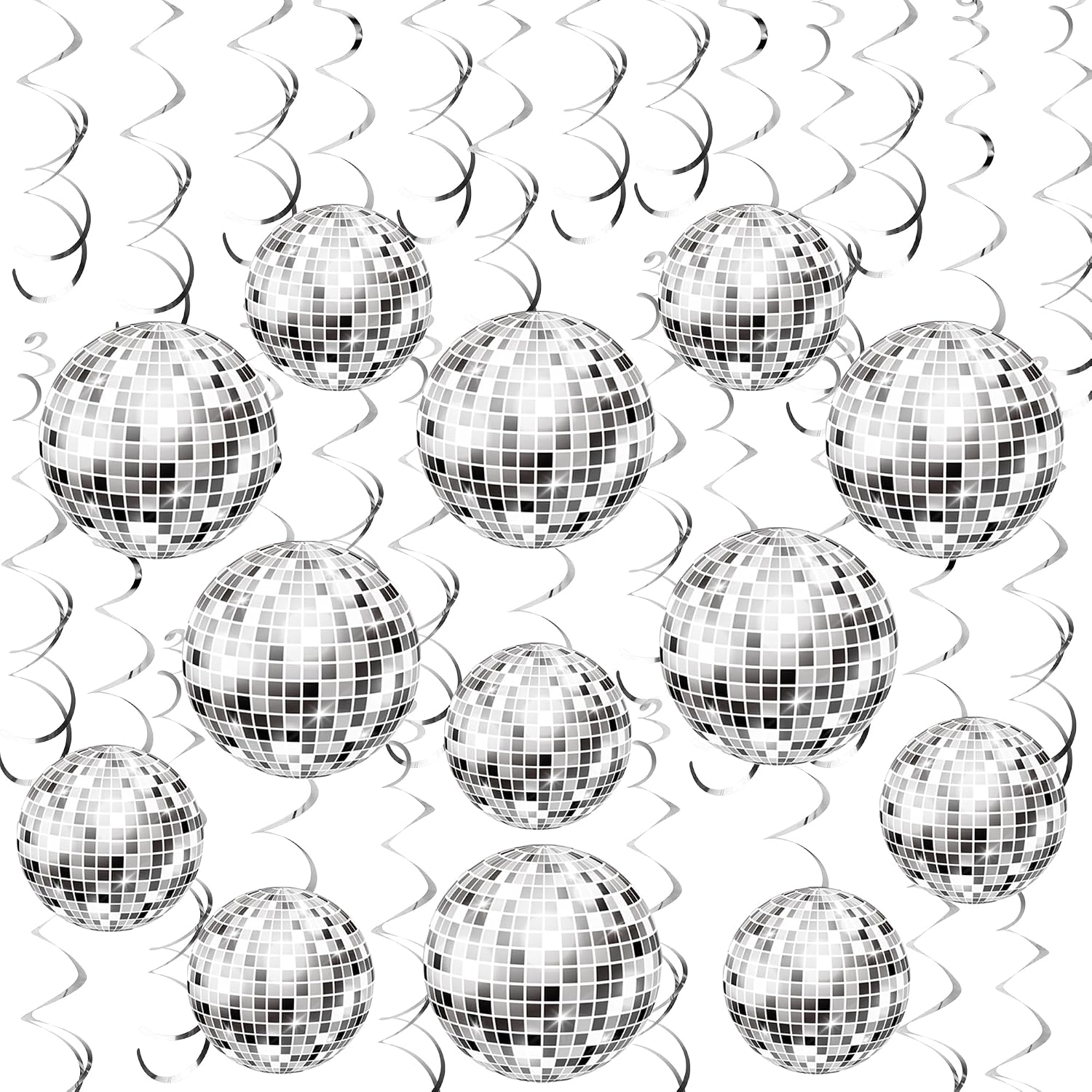 54 Pieces Disco Party Decorations Sliver Disco Ball Hanging Swirls 70s Ceiling Decor for 70s Fever Birthday Party Supplies