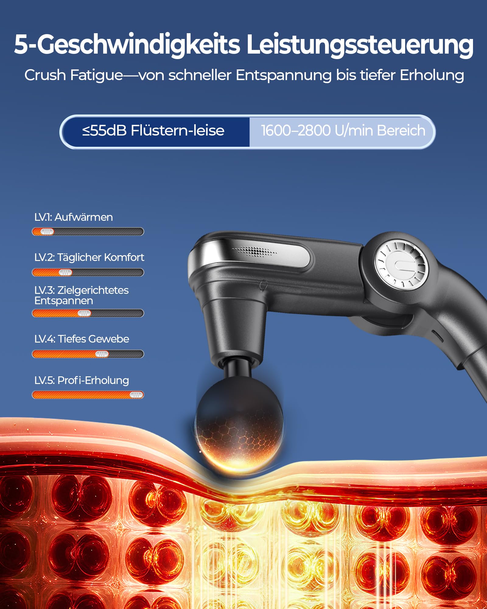 KingPavonini Massagepistole mit Ausziehbarem Griff & Klappbarem Kopf, Massage Gun Massagegerät Rücken mit 3 Verstellbaren Winkeln & 4 Massageköpfen, Massage Pistole Geschenk für Männer und Frauen