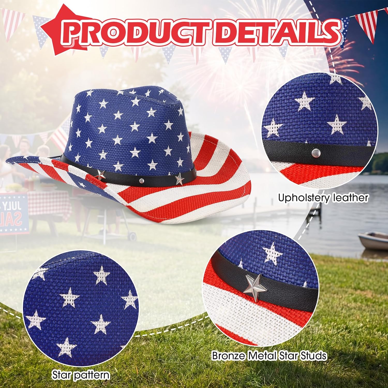 Frienda 6 Pack American Flag Cowboy Hats, Unisex USA Patriotic 4th of July Sun Hats for Men Women Parties, Parades, Rodeo