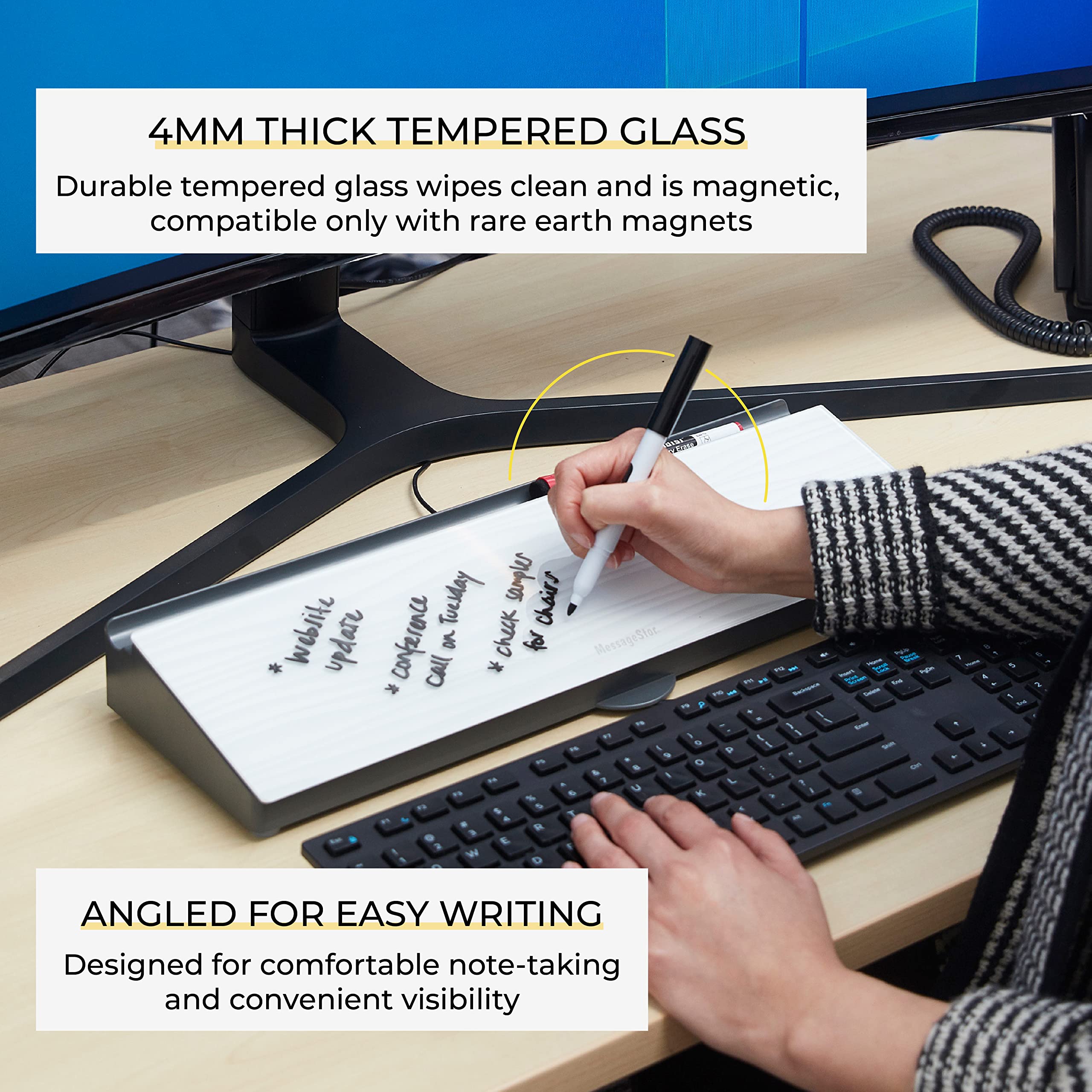 MessageStor - Tastiera scrivibile e conserva, superficie in vetro cancellabile a secco, 45,7 x 16,5 cm, lavagna angolata, con scomparto per accessori e caricatore integrato per smartphone, design a