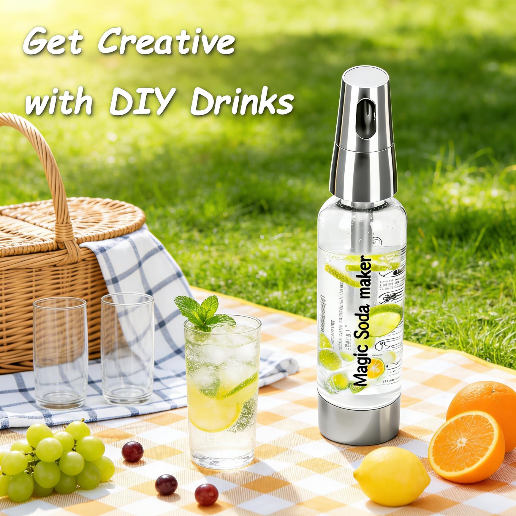 Kit di sifone per soda da 1 litro, macchina per acqua frizzante portatile in PET a doppio uso e bottiglia per bevande/succhi/cocktail, per casa/banco bar/picnic (argento) AstraLoom