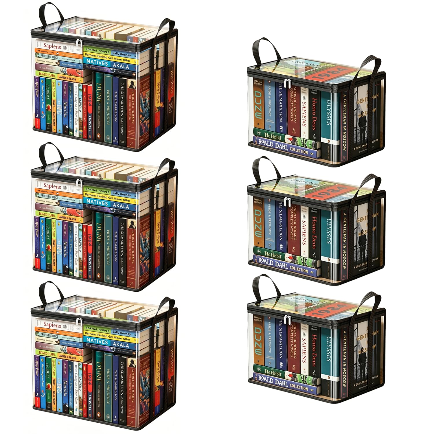 6 Pack Book Storage Box with Lids, Transparent Plastic Storage Bins with Reinforced Handles for Classroom, Stackable File Magazine Organizer and Document Holder, 3 Large & 3 Medium Sizes