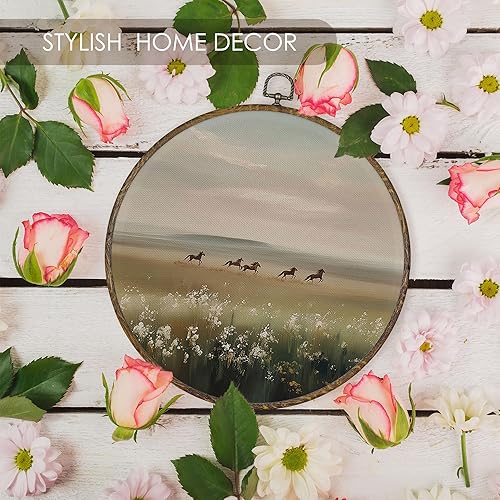 Miniatura 6 de Fewgb Arte de pared redondo con diseño de caballo silvestre con diseño de flores silvestres enmarcadas, arte de pared en lienzo con diseño de