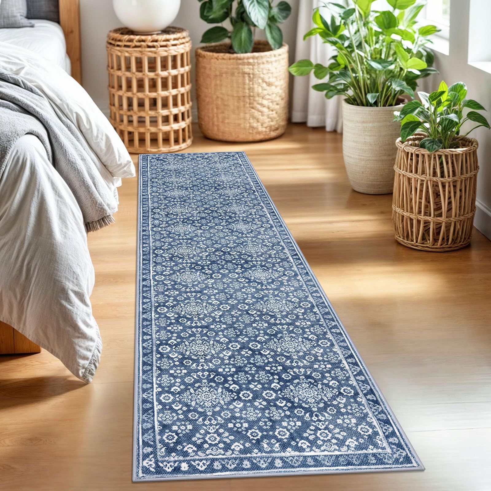 SILOLOOM Vintage 2x7 Runner Rug, Denim Blue White Washable Runners for hallways, Super Soft Kitchen Runner Rug Non Slip, Print Faux Wool Floral Thin Carpet Runner for Entryway Indoor Bedside Runner — image 1