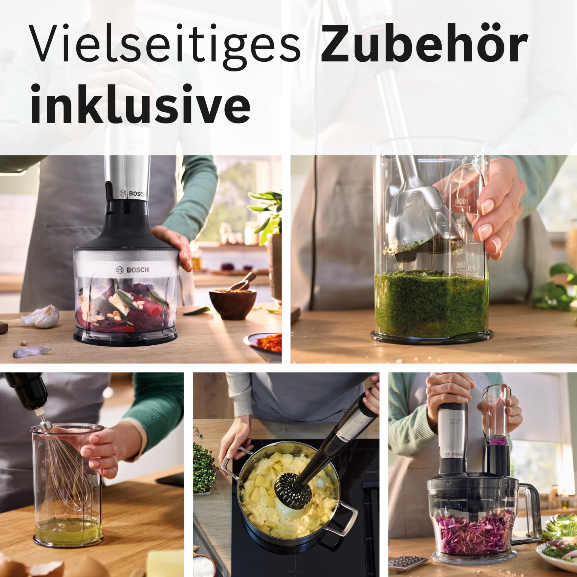 Bosch Stabmixer ErgoMaster Serie 6, 4 Edelstahl-Klingen, einhändig bedienbar, verschleißfreie Keramik-Kupplung, langlebig, Luftkühlung, Zerkleinerer, Kartoffelstampfer, Schneebesen, 1000 W, MSM6M673