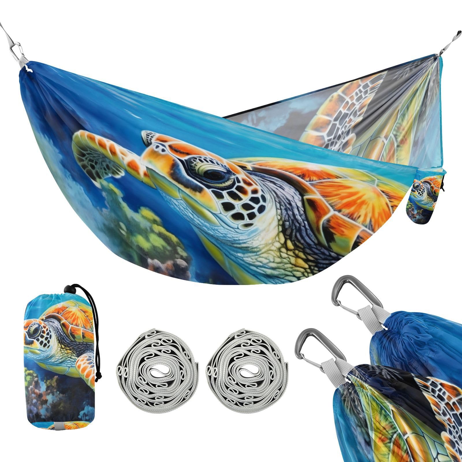 Haskirky Sea Turtle Camping Hammock, Single Portable Hammocks with Tree Straps & Attached Carry Bag, 330Lbs Capacity Perfect for Outside Indoor Hiking Beach Backpack Travel