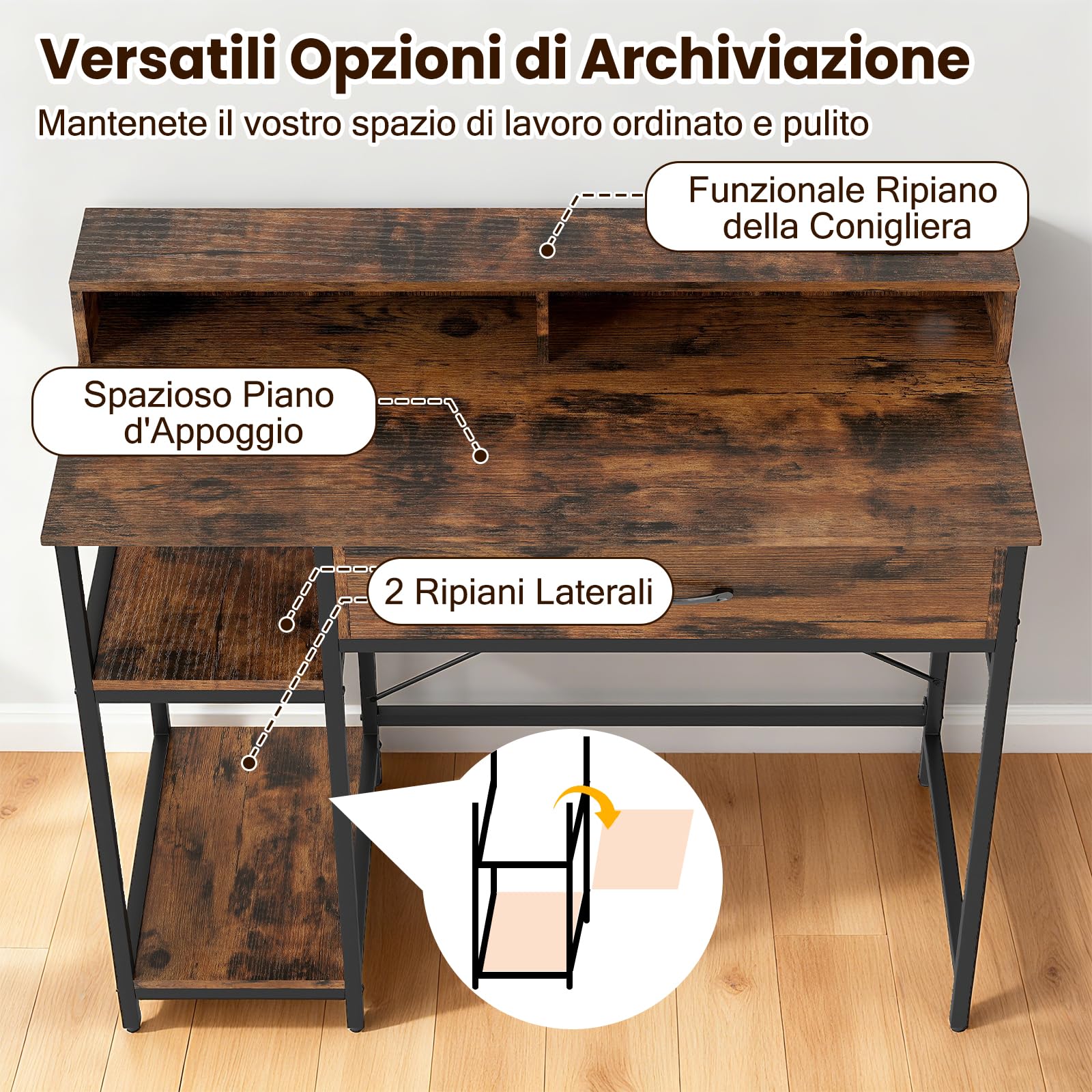 COSTWAY Scrivania Salvasapzio per Computer con Stazione di Ricarica 106 x 48 cm, Mensola sopra Tavolo, Cassetto e Libreria Laterale a 2 Ripiani, Tavolo Industriale per Ufficio e Casa (Marrone Rustico)