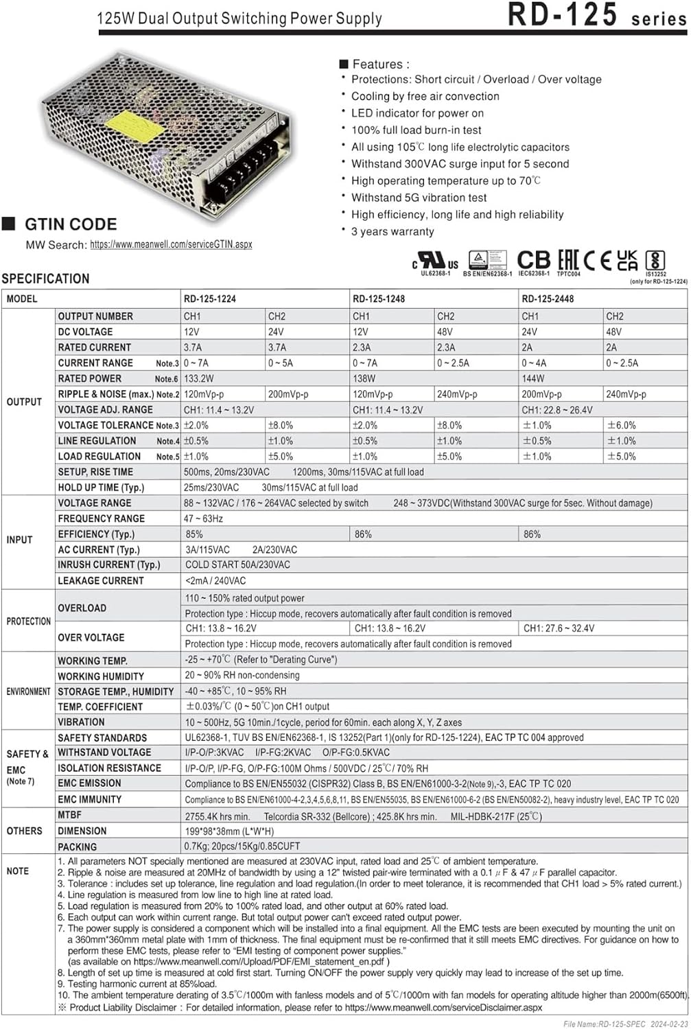 Power Supply RD-125 RD-125B RD-125-2448 RD-125-1224 RD-125-2412 RD-125-4824 RD-125-4812 RD-125A RD-125-1248 125W(RD-125B)