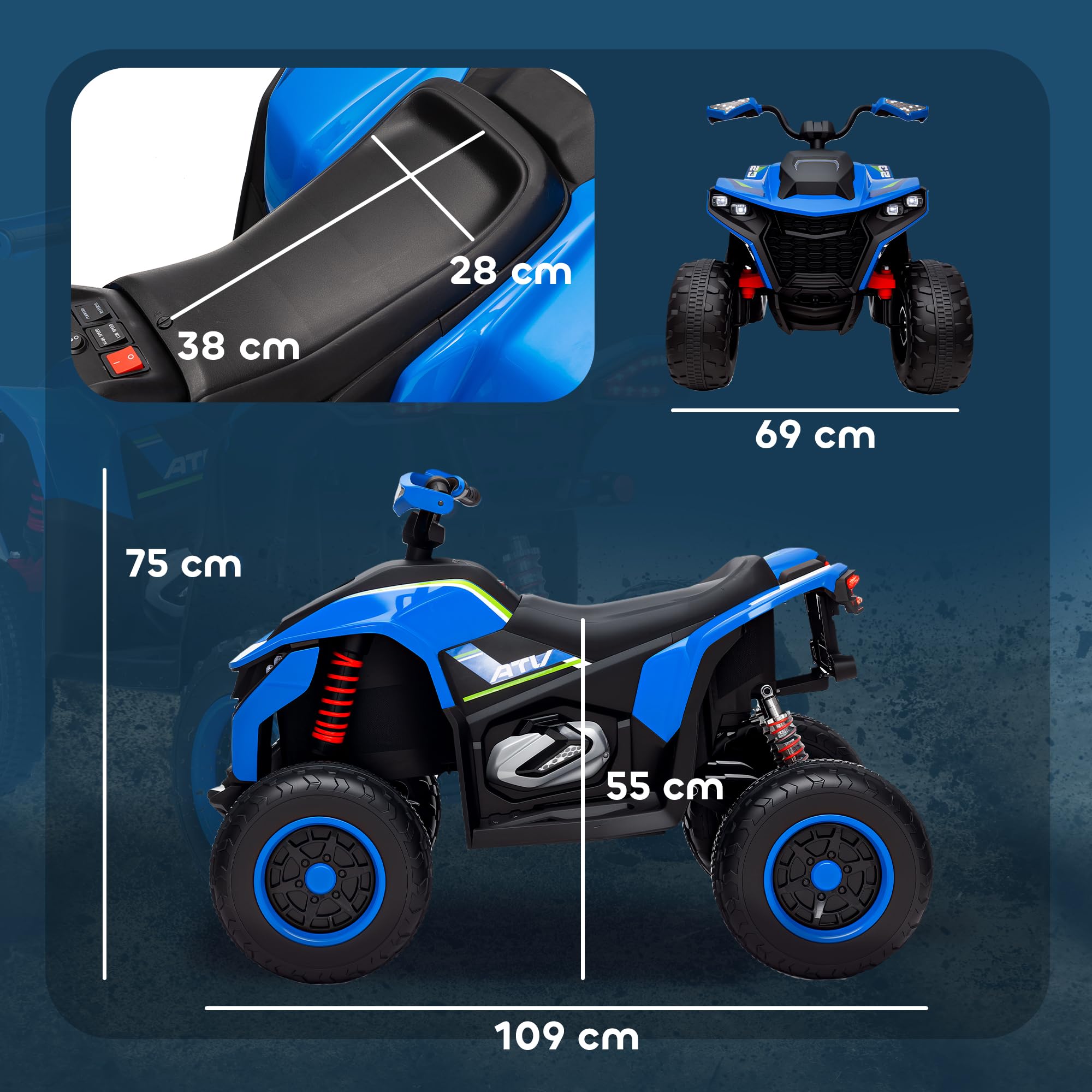 AIYAPLAY Elektro quad dla dzieci 12V 2 silniki 3-6km/h 3-8 lat niebieski | Elektryczny quad dla dzieci, zawieszenie, lampa LED, USB, muzyka