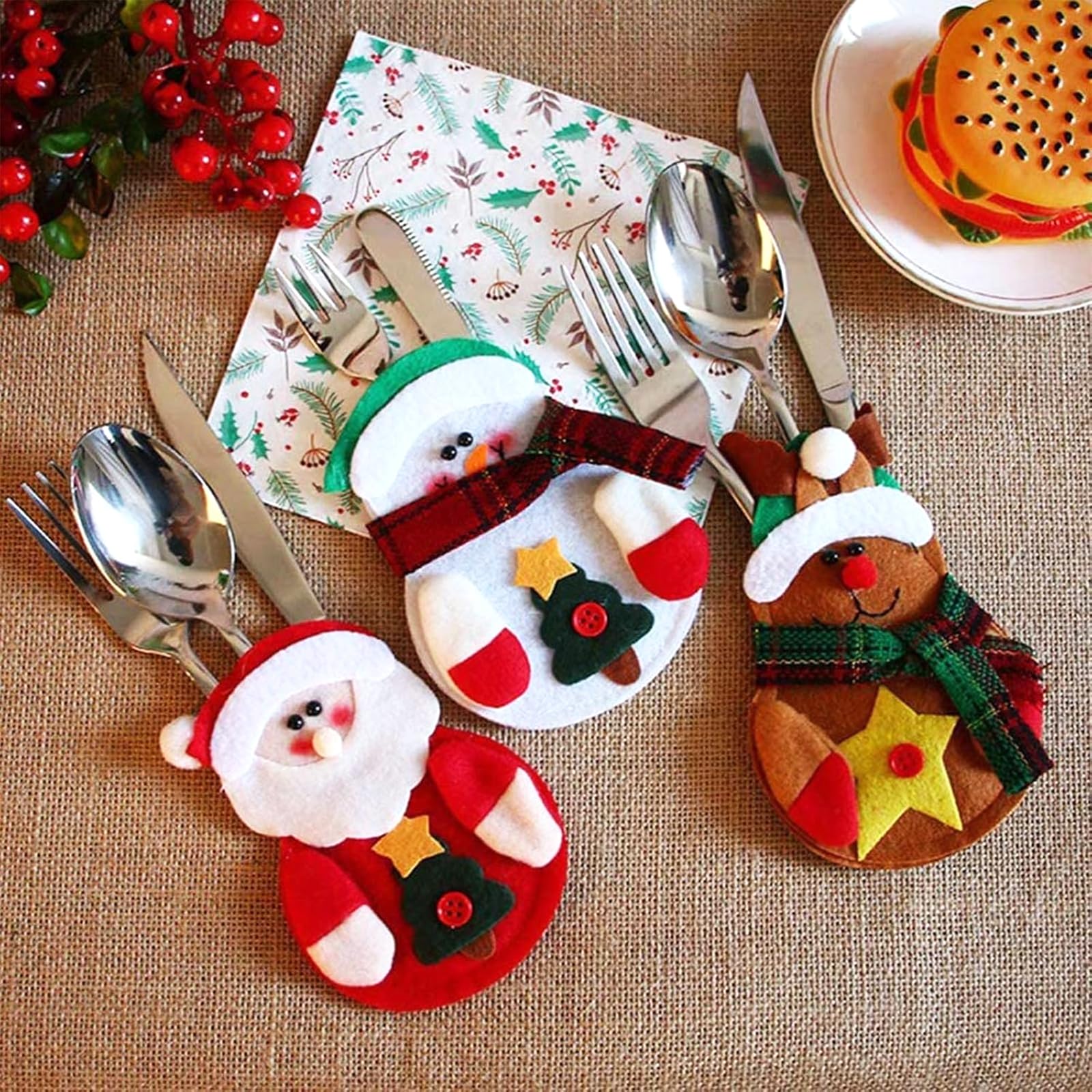 3 Portaposate Natalizi A Tema Babbo Natale: Sacchetti Per Forchette E Cucchiai In Tessuto Non Tessuto Per Decorare La Tavola Delle Feste - 3