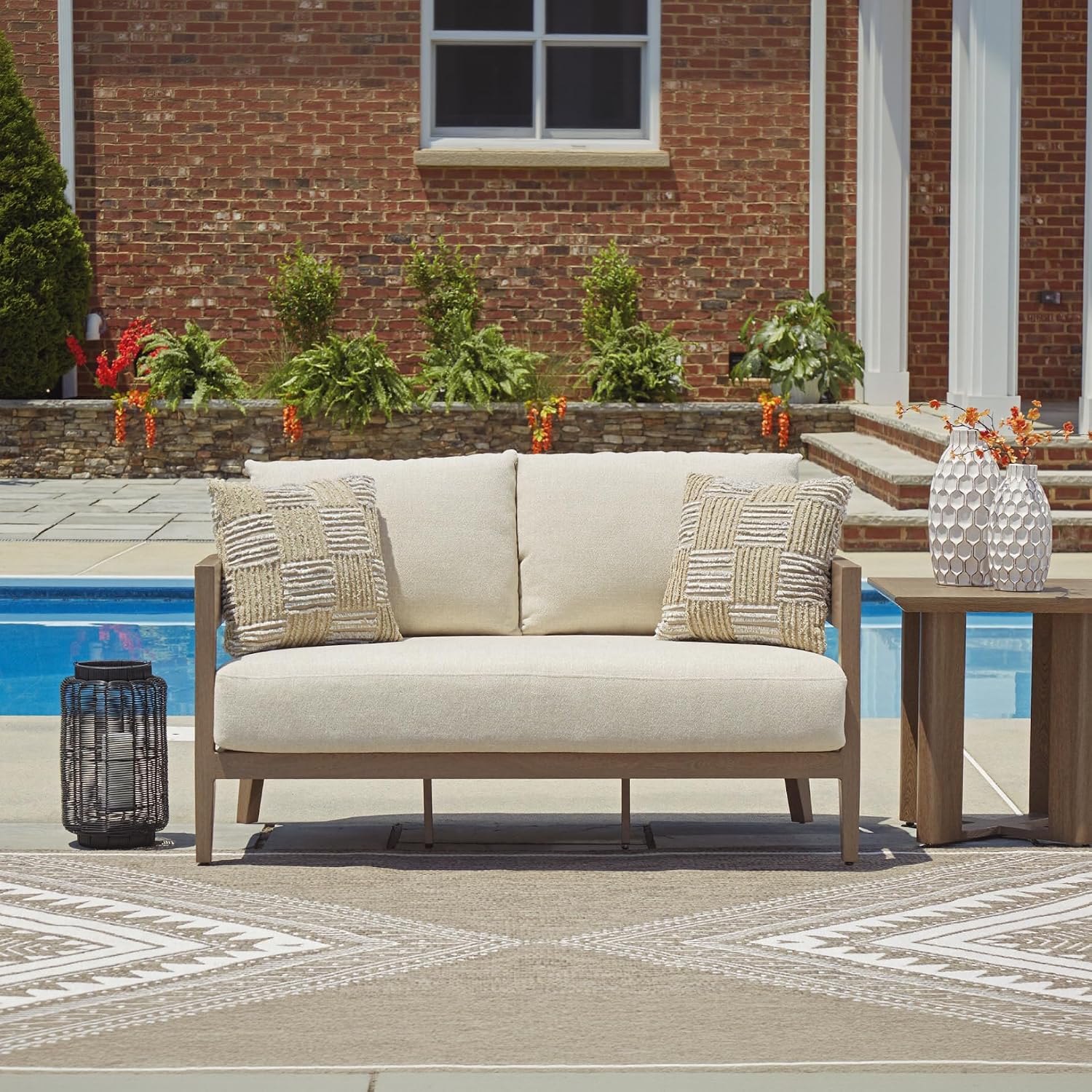 Signature Design by Ashley 1-Piece Wood-Look Outdoor Loveseat with Cushion | Rust-resistant aluminum frame, Fully assembled outdoor patio loveseat, Ideal for sunrooms, Serene Bay Series