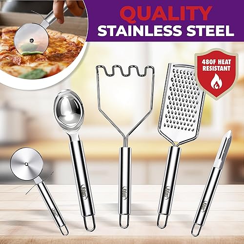 Miniatura 7 de Kaluns Juego completo de utensilios de cocina de silicona, 50 piezas, resistente al calor, antiadherentes, con asas de madera, 800 F, resistentes al