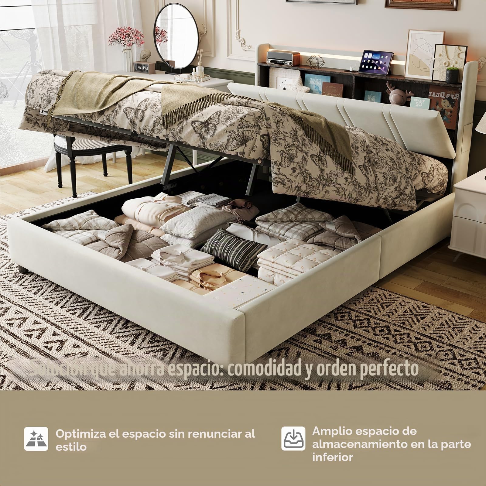 Camas Matrimoniales 160x200 con Almacenaje, Tira LED y USB C, Cama Canape Hidráulico con Alfombra Antipolvo y Cabecero Almacenaje Multifuncional,Cama Tapizada en Terciopelo,Somier Madera 500kg,Beige