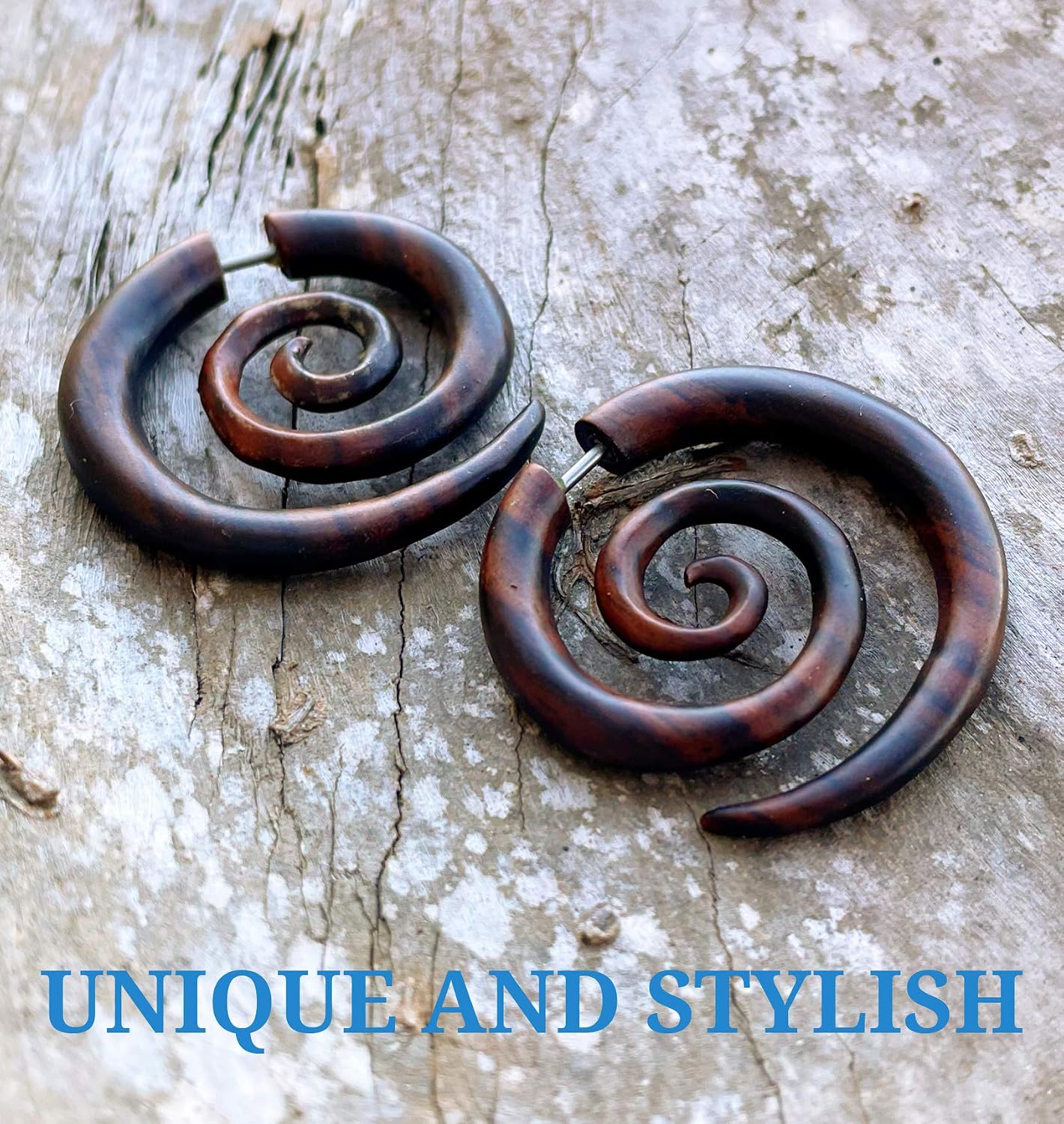 UMBRELLALABORATORY Natural Wooden Tribal Organic Boho Gothic Earrings Wood Stud Spiral Earrings for Women Men Black, Brown, White Hypoallergenic Emo Hippie Earring