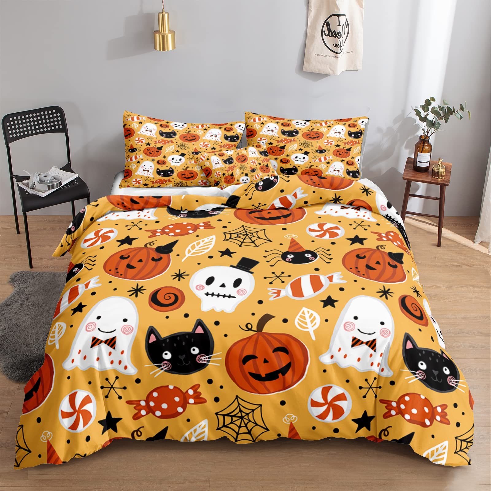 Yellow Halloween Bedding Cartoon Halloween Duvet Cover Set Cute Pumpkin Ghosts Printed Cartoon Kids Bedding Set King 1 Duvet Cover 2 Pillowcases (King, Yellow)