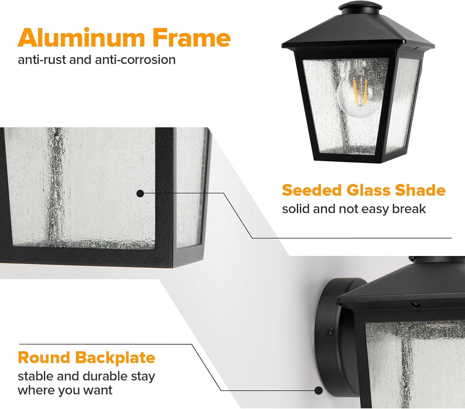 UME Outdoor Wall Light Fixtures, Exterior Waterproof Wall Sconce Light Fixtures, Anti-Rust E26 Socket Wall Lantern Porch Lights with Seeded Glass, Wall Mounted Black Outdoor Lights for House, 2 Pack