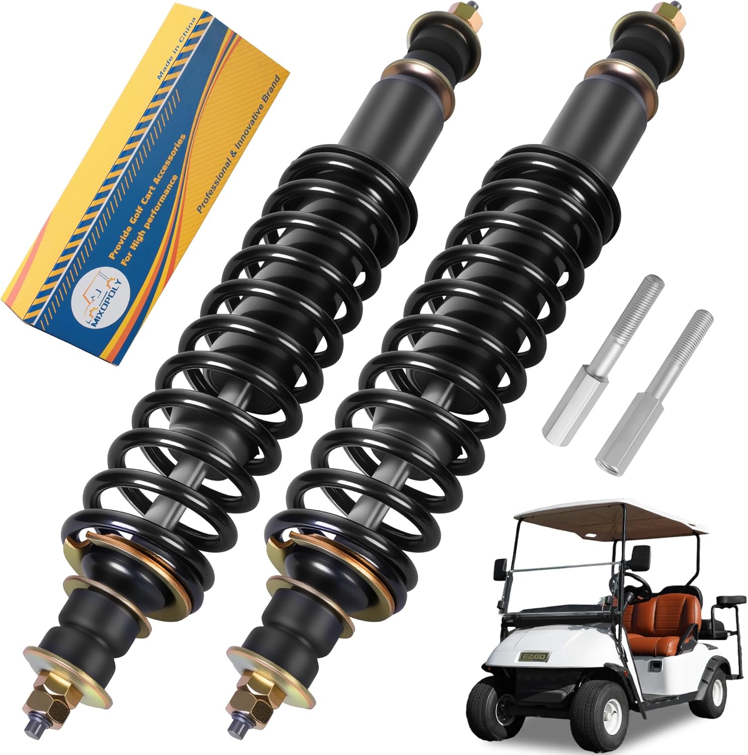 2 Packs Front and Rear Golf Cart Shock Absorbers Replacement for EZGO TXT/Medalist 1994-up Gas & Electric Models with Heavy Duty Coil Springs Replace OEM 70928-G01 76418-G01 70630-G01