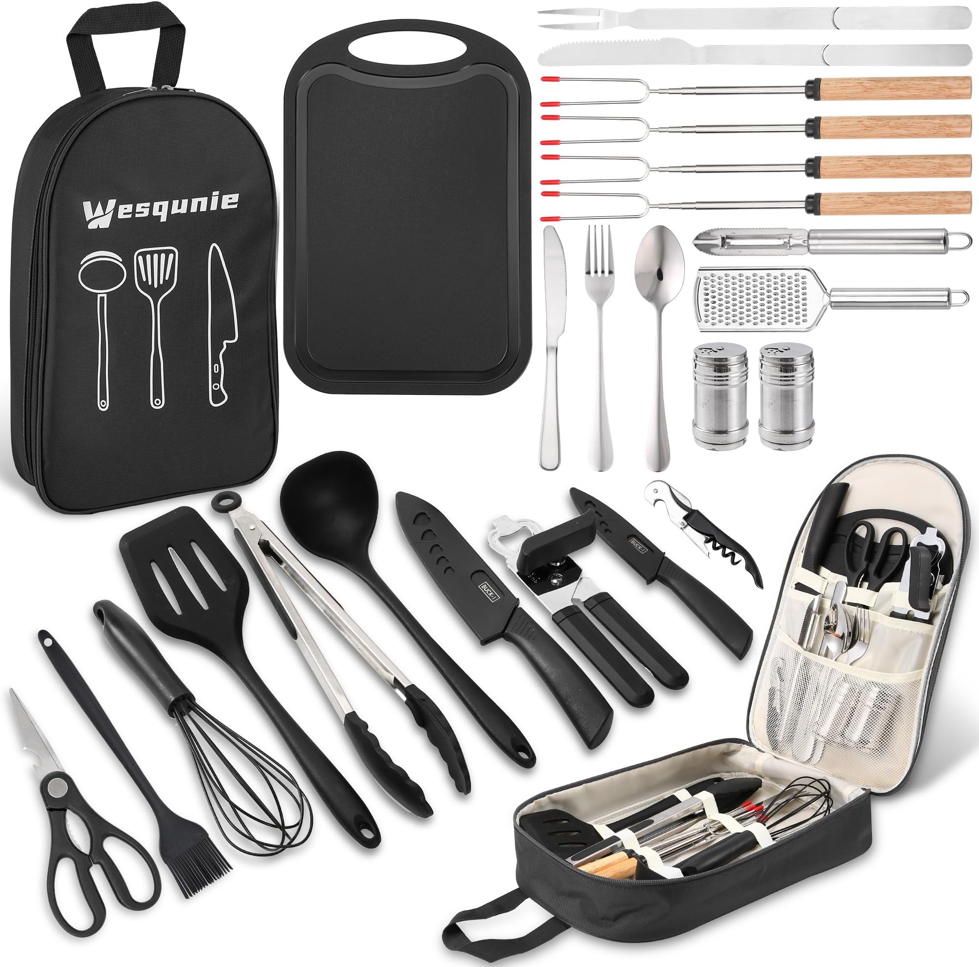 Wesqunie Camping Cooking Essentials Utensils Set - Camp Cookware Kitchen Accessories Kit, Camper Gear Must Haves, Stainless Steel & Silicone, RV Car Portable Outdoor Equipment Tool