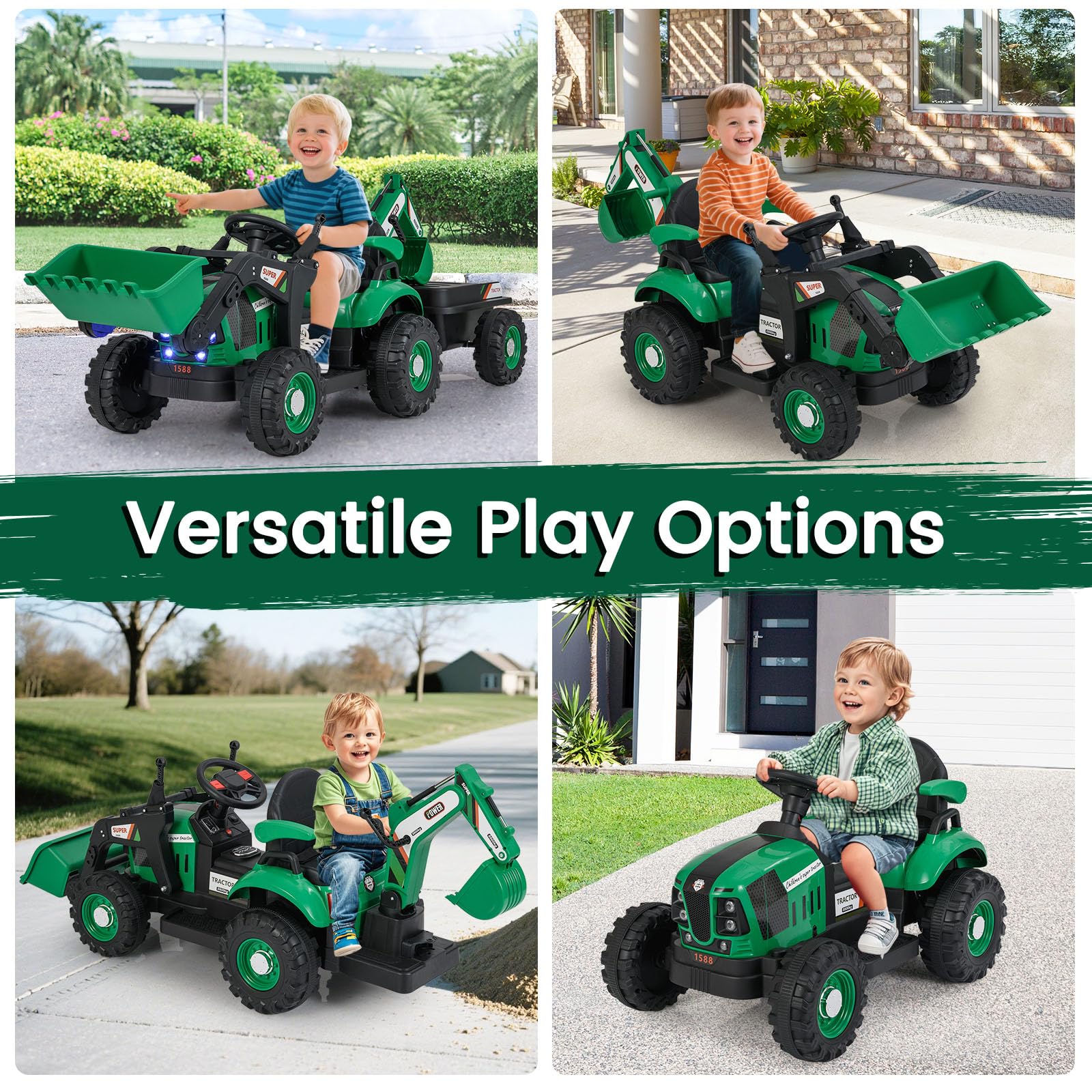 RELAX4LIFE Trattore Elettrico 4 in 1 per Bambini, Escavatore e Bulldozer con Rimorchio, Pala e Ruote Antiscivolo, Veicolo da Cantiere con Sedile Regolabile, Luci LED per Bambini di 3+ Anni (VERDE)