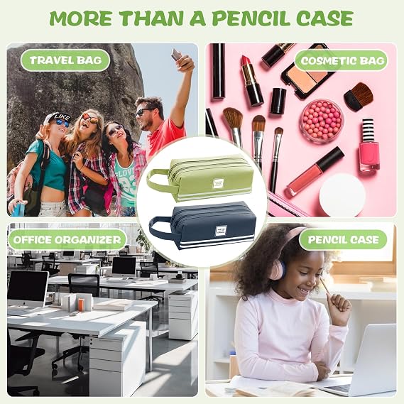 2PCS Large Pencil Case with Double Zipper, Pencil Pouch for Stationery Supplies, Special Exam Pencil Case for Kids & Adult, Cheap & Cute Pencil Cases (Blue and Green)