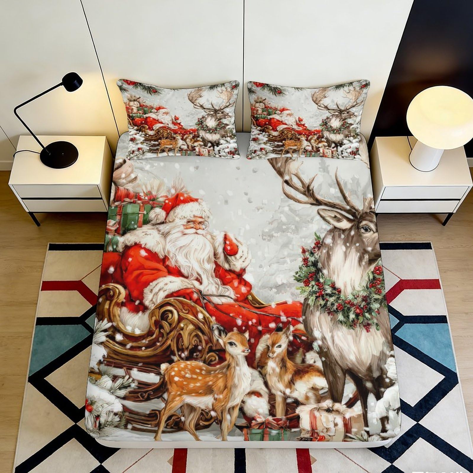Pnayamiorkfel Style-3 3D Printed Santa Sleigh Fitted Sheet Microfiber Christmas Reindeer Mattress Cover For Bedroom Guest Room Decor 90X200x25cm