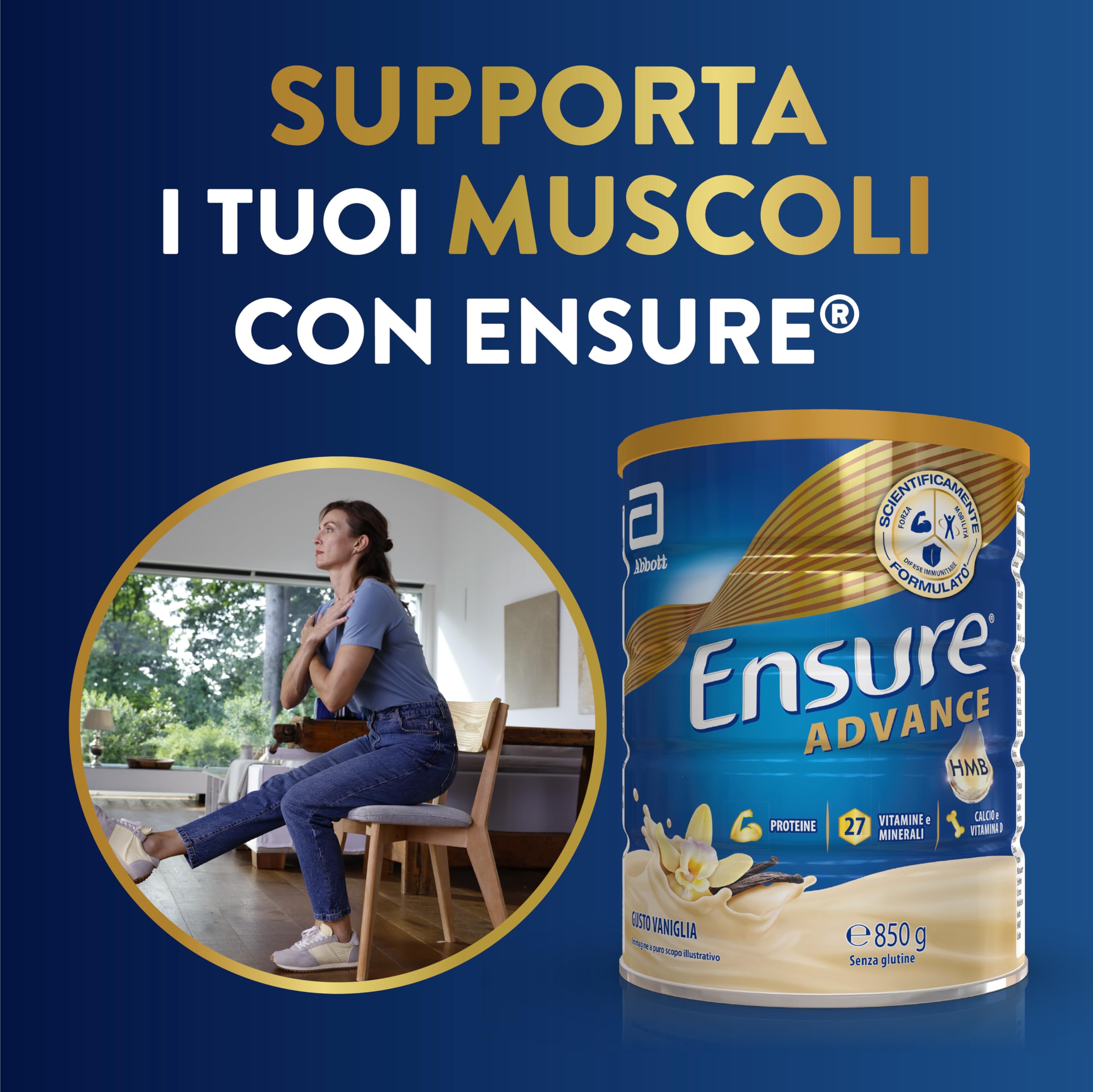 Ensure Advance Integratore Alimentare Proteico in Polvere, con 27 Vitamine e Minerali, Integratore Alimentare con Proteine, Calcio e HMB, Confezione 850g, Gusto Vaniglia