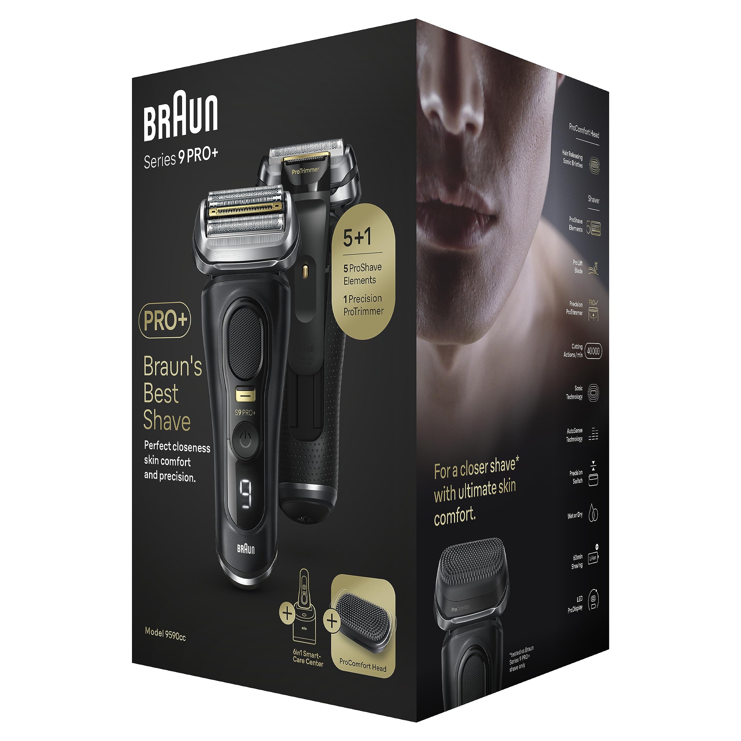 Braun Series 9 PRO +, Rasoio Elettrico Barba, Regolabarba Uomo, Rifinitore Di precisione, Custodia Viaggio, Lame Flessibili, Stazione SmartCare, , Batteria Litio Ion, Idea Regalo, 9590cc Nero