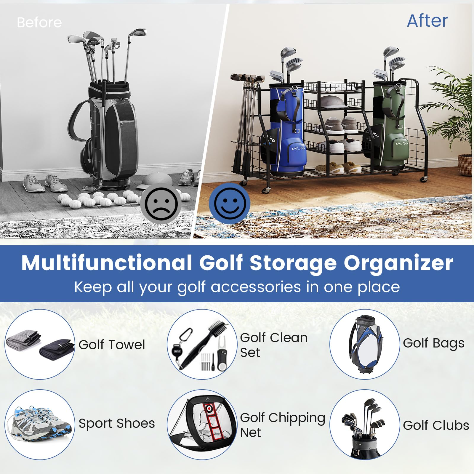 LIFEZEAL Organizador de Almacenamiento para Palos de Golf con Soporte para 2 Bolsas de Golf, Organizador de Equipo Deportivo con portapalos extraíble y Ruleta, Almacenamiento de Bolsa y Accesorio