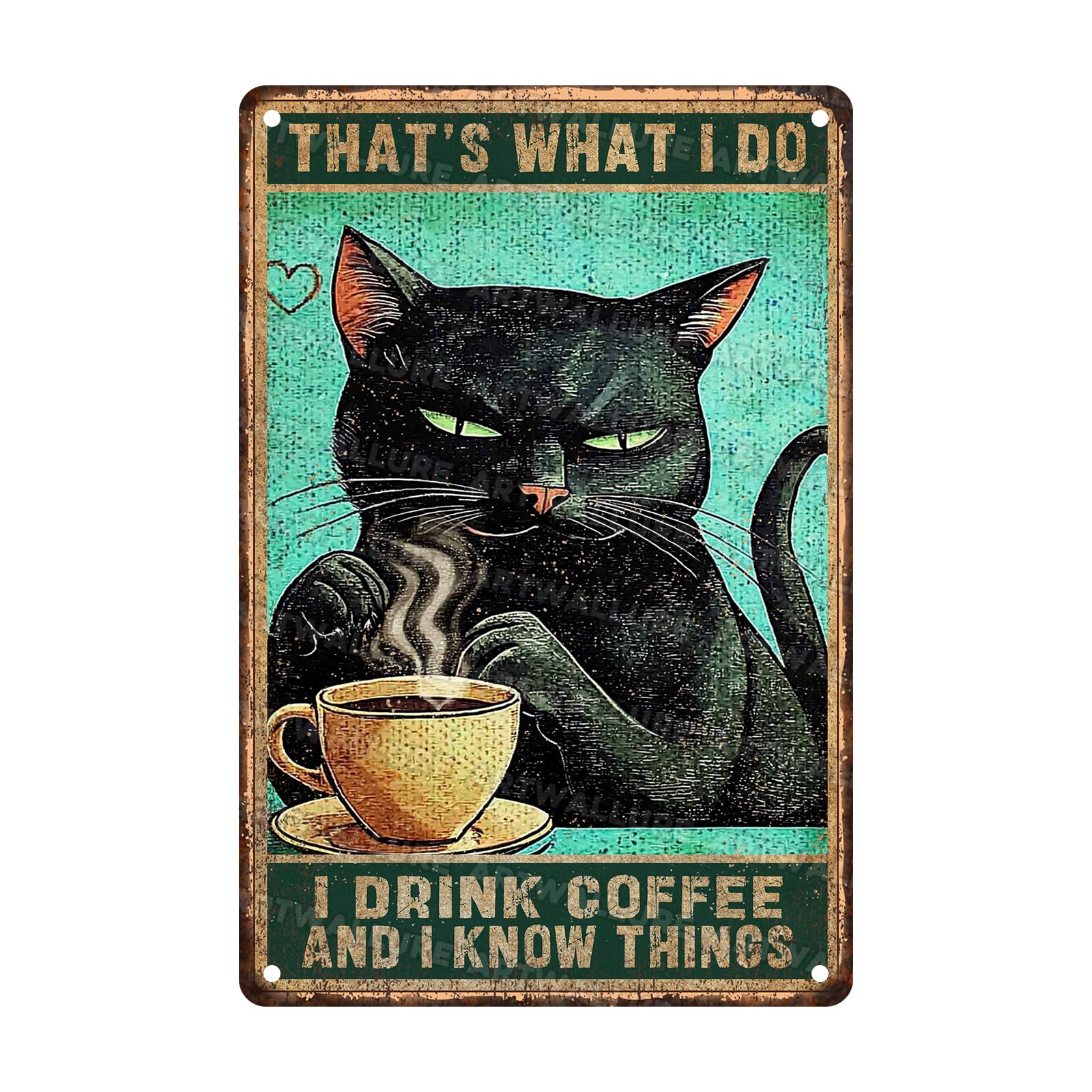 Vintage Cat Drinking Coffee Tin Sign Rustic Metal Wall Art Humorous Bathroom Decor Iron Painting For Cat Cafe Inspired Spaces 8x12inch