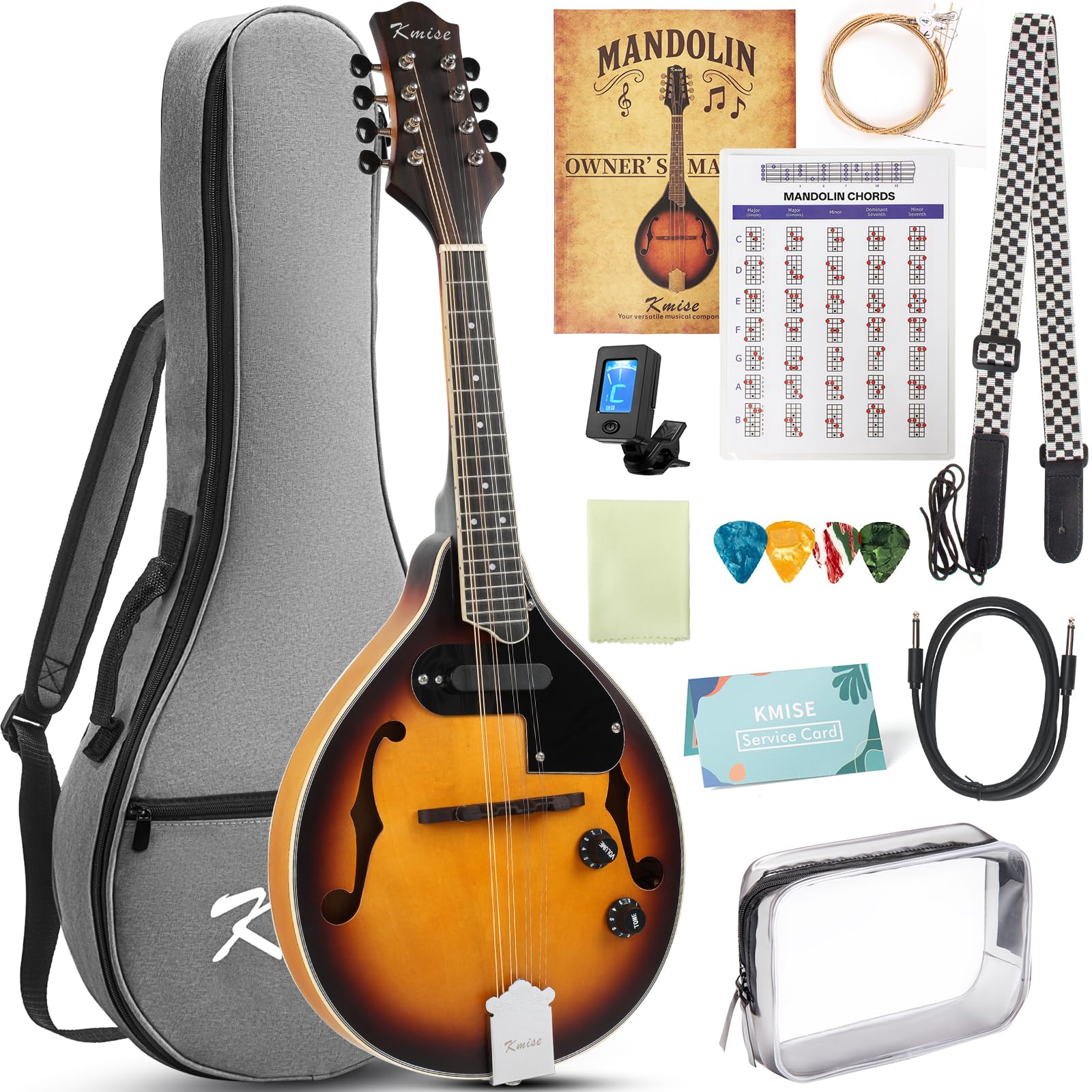 Mandolin Instrument A Style, Electric Acoustic Mandolins Instrument Kit 8 String with Tuner Strap Gig Bag Chord Chart for Beginners Adults Teens Youth Kid